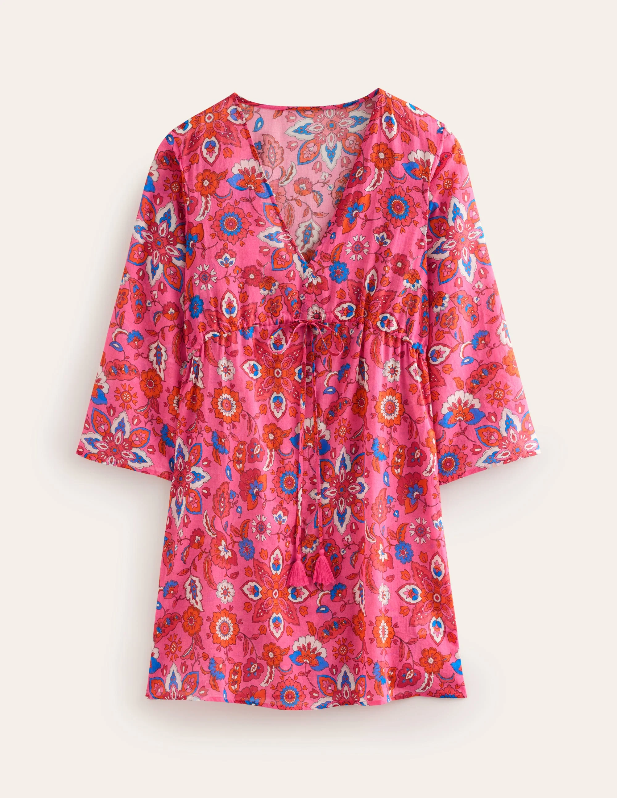 Kurzer Strandkaftan aus Baumwolle-Sangria Sunset Pink, Botanisch - Image 6