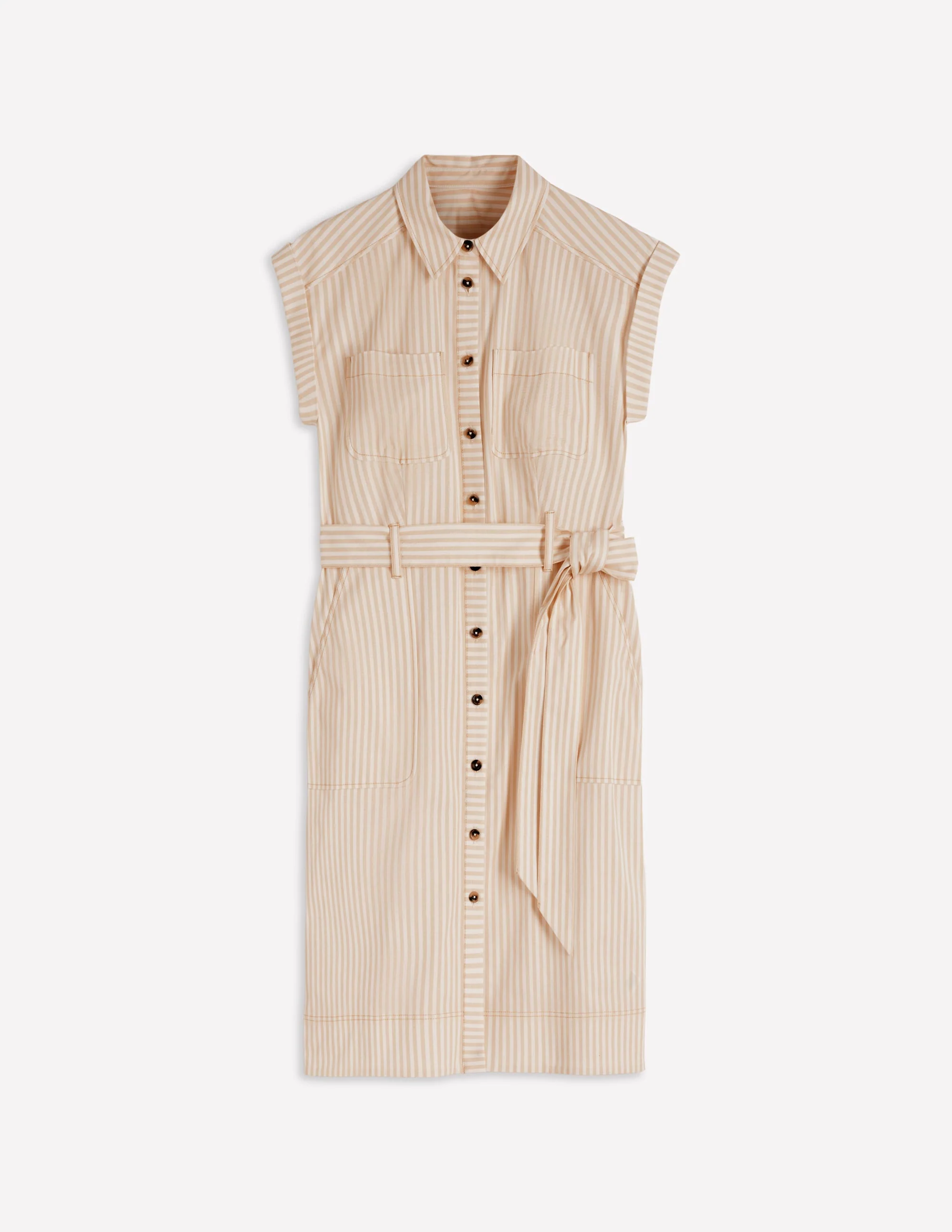 Kurzes Hemdblusenkleid mit Gürtel-Braun, Naturweiß Drillich Streifen - Image 7
