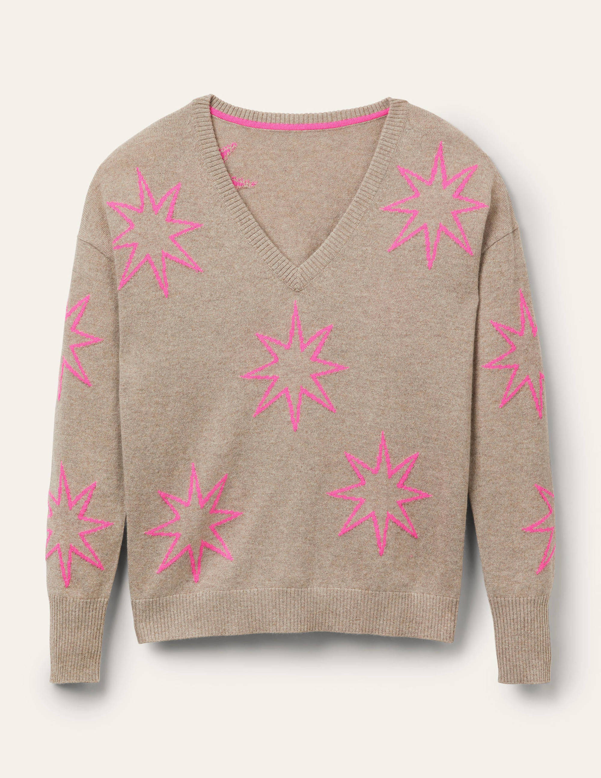 Lässiger Kaschmirpullover mit V-Ausschnitt-Grauer Achat, Neonrosa Sterne - Image 5