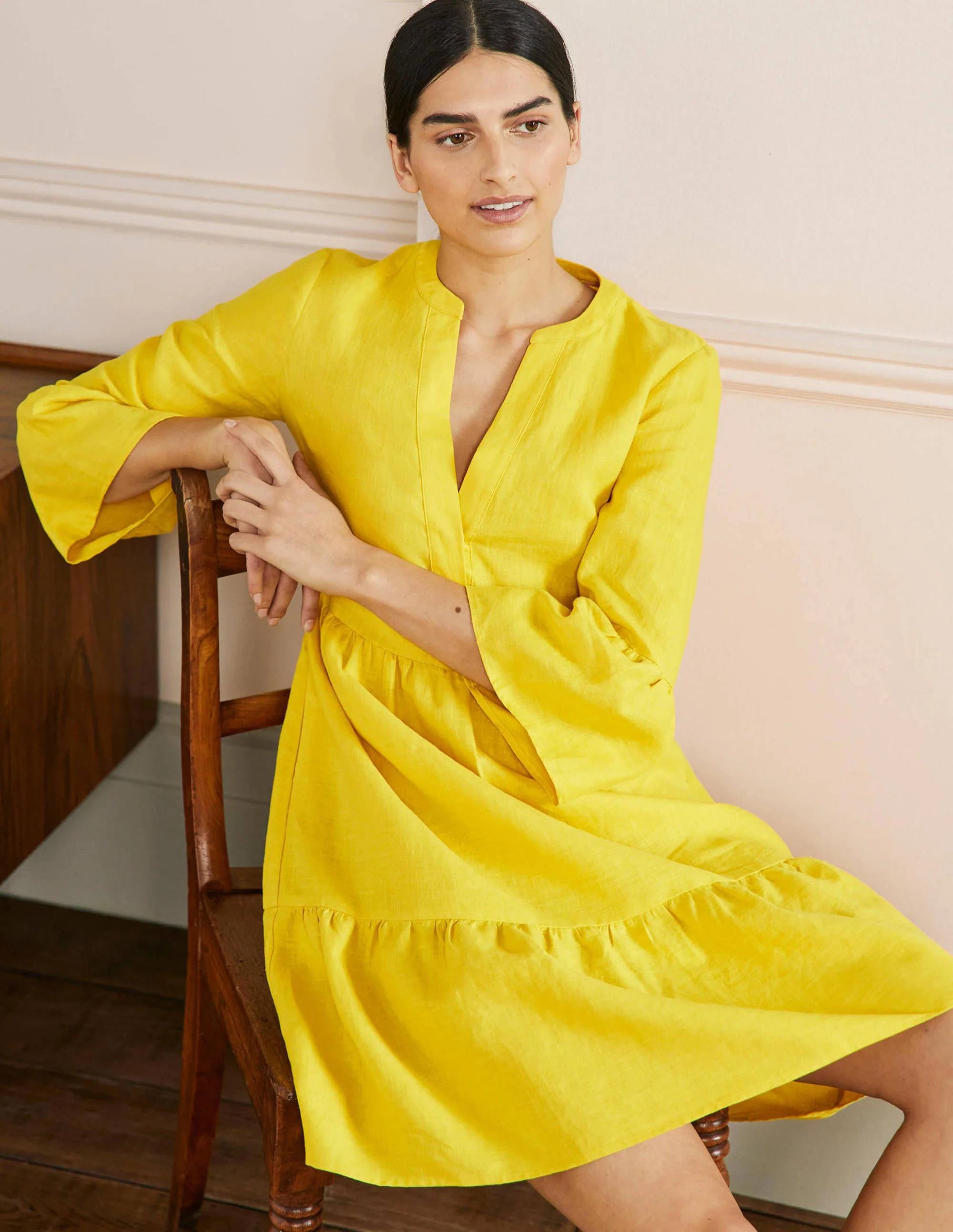 Lässiges Stufenkleid aus Leinen-Rauchgelb - Image 4