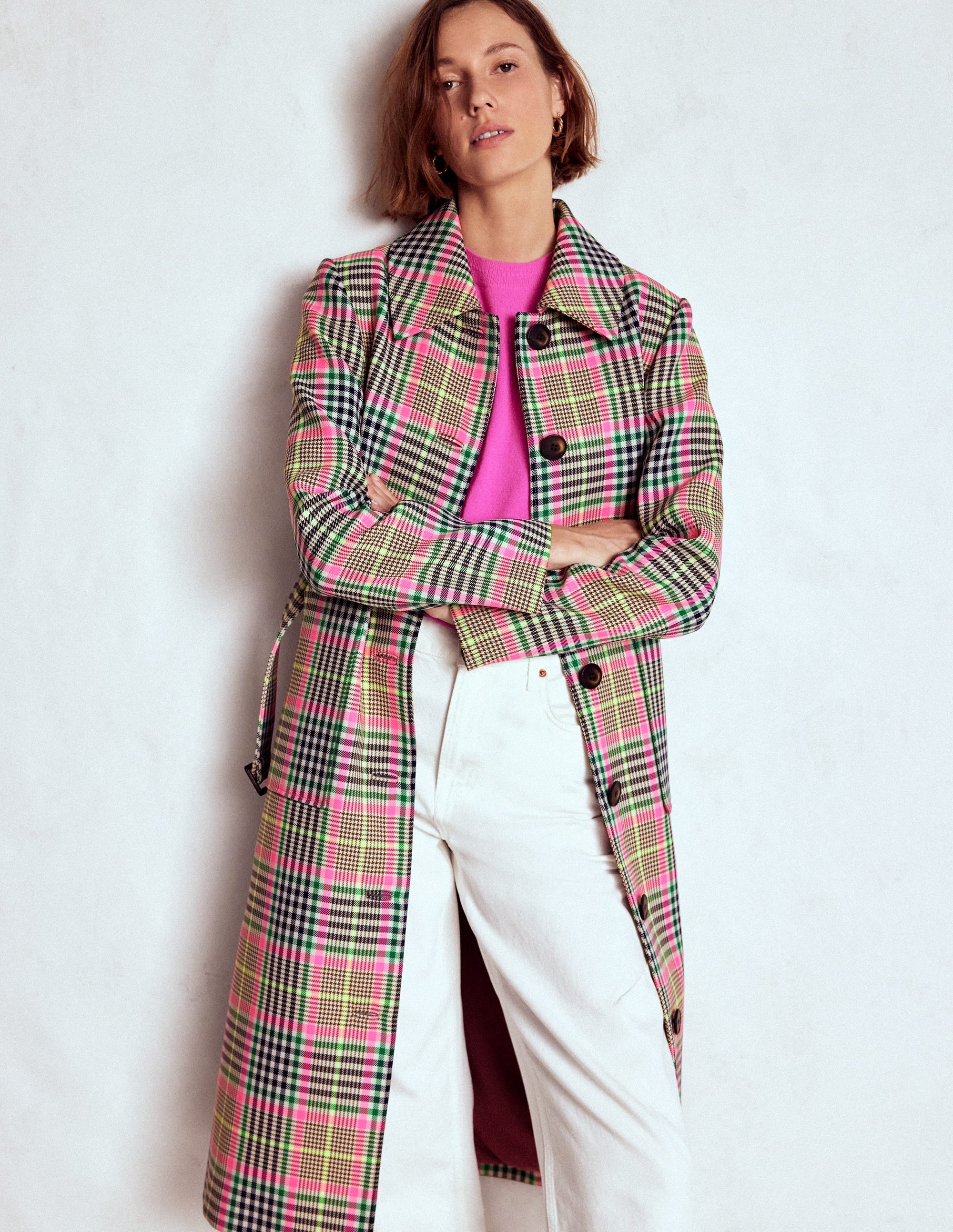 Lancaster Trenchcoat mit Gürtel-Braun, Neonpink Kariert