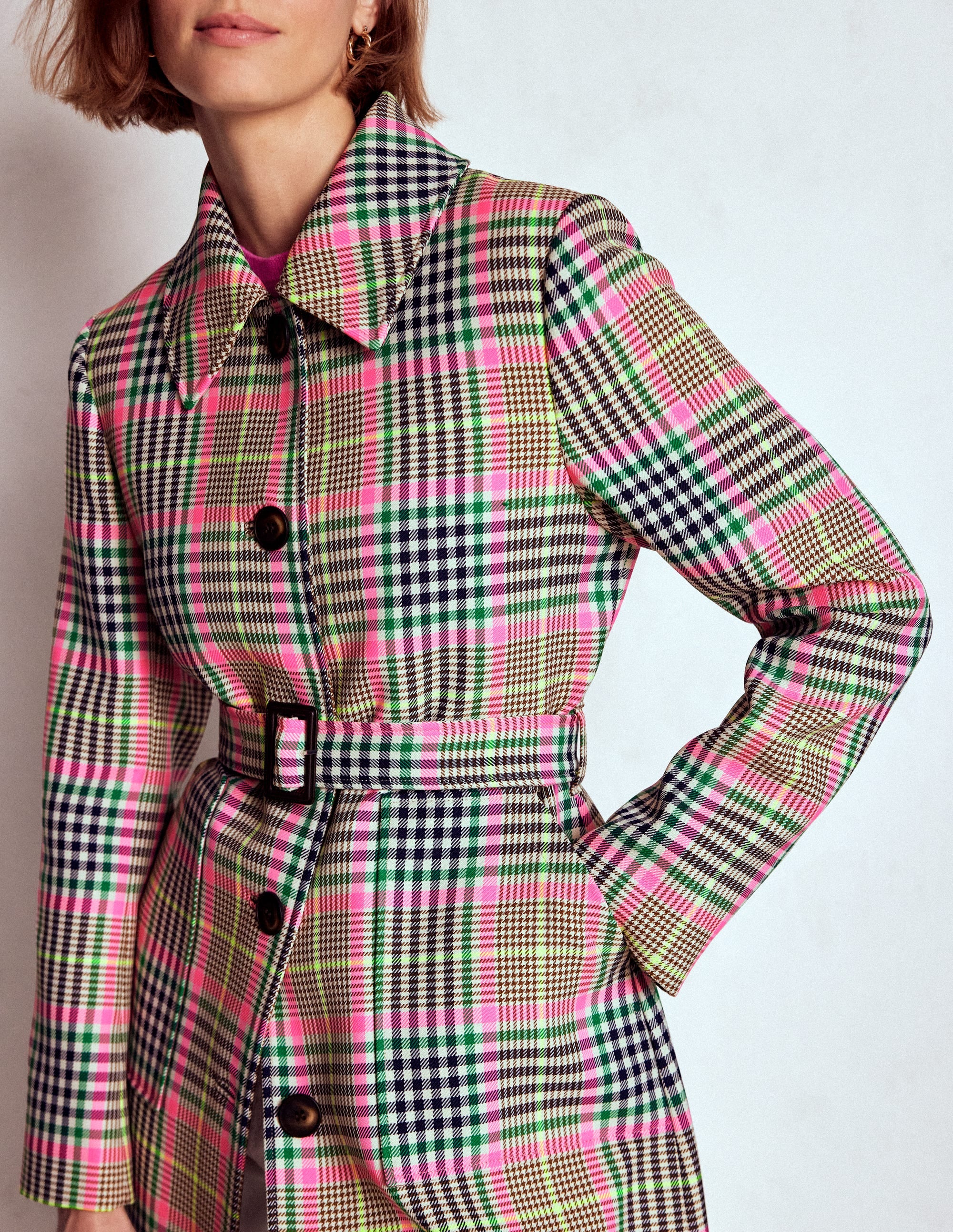 Lancaster Trenchcoat mit Gürtel-Braun, Neonpink Kariert - Image 2