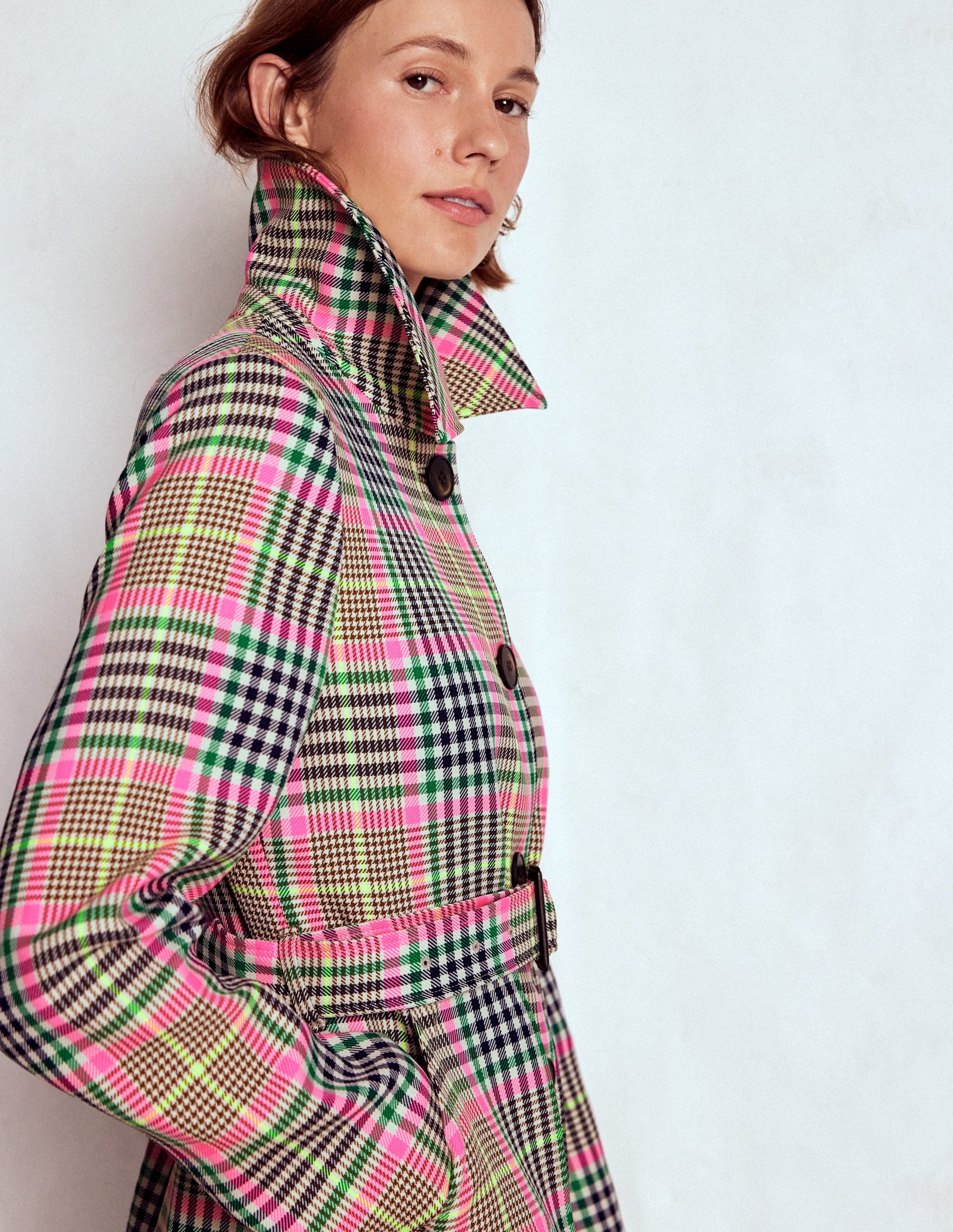 Lancaster Trenchcoat mit Gürtel-Braun, Neonpink Kariert - Image 4