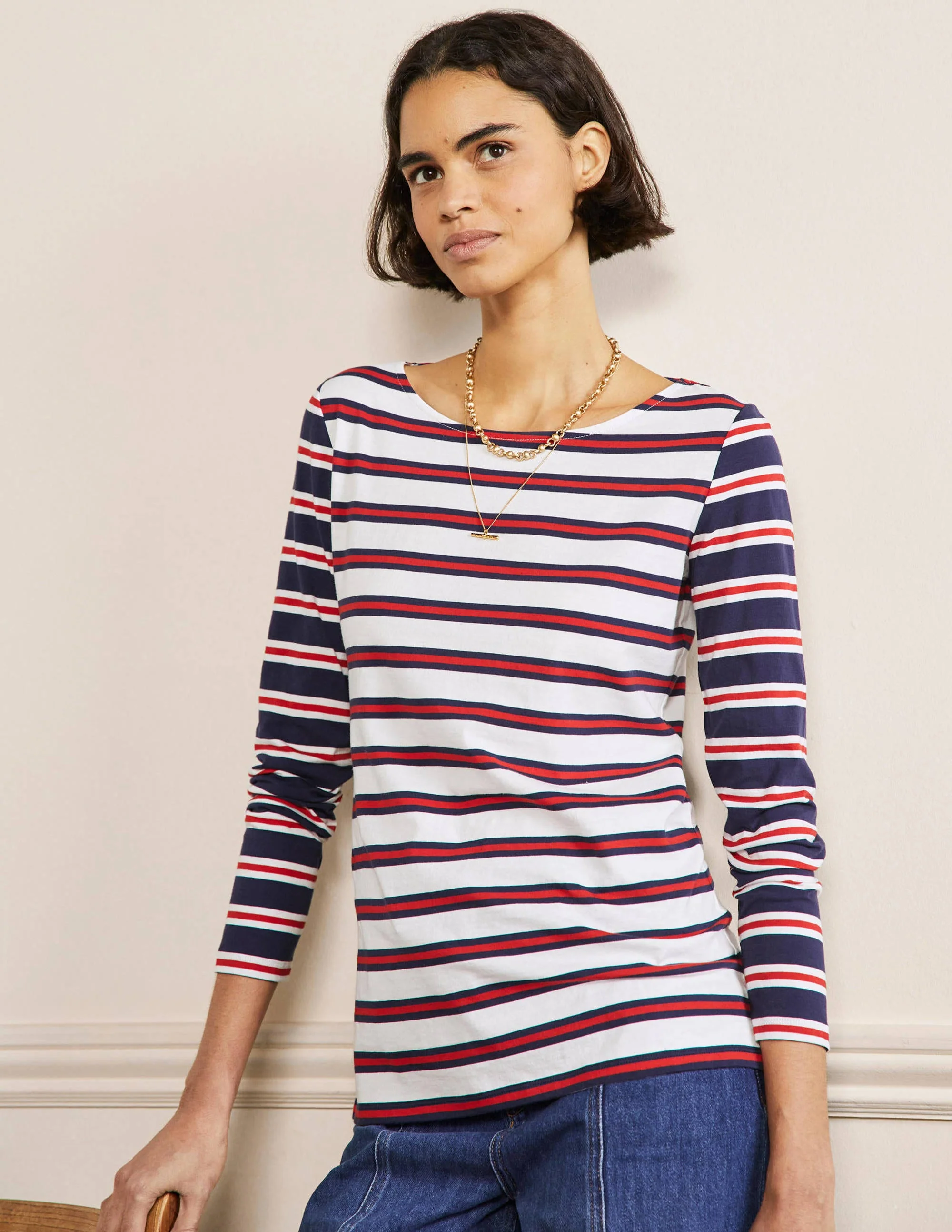 Langärmliges Bretonshirt-Naturweiß/Rot/Navy, Gestreift