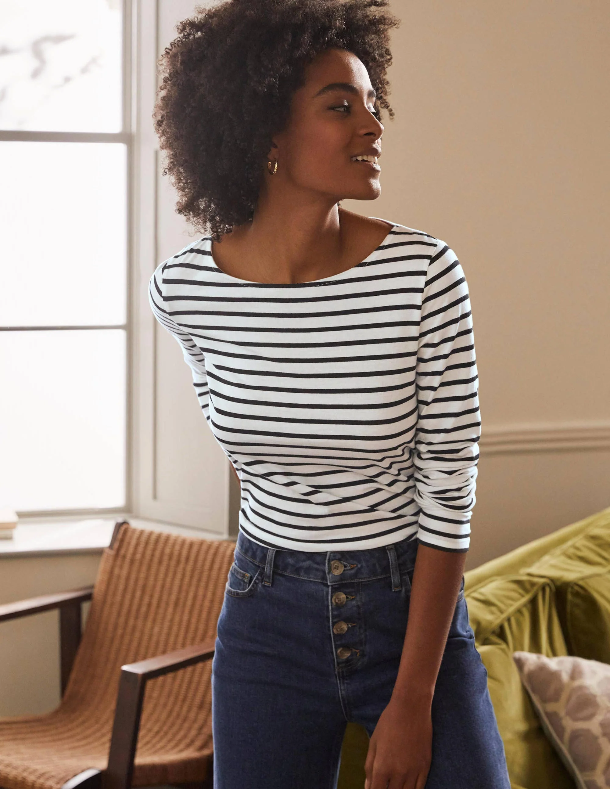 Langärmliges Bretonshirt-Naturweiß/Schwarz, Gestreift