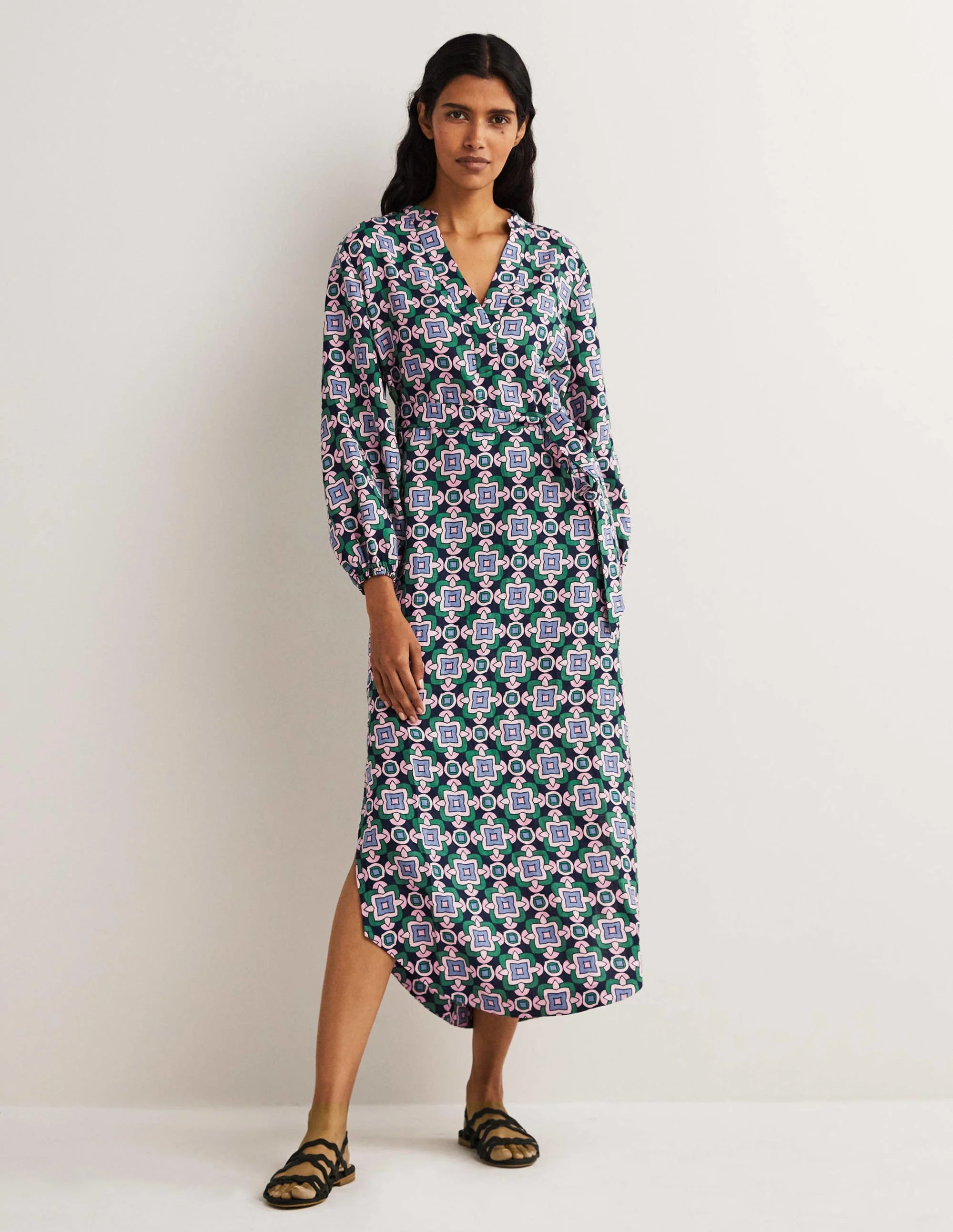 Langärmliges Maxikleid aus Leinen-Navy, Geometrisches Muster - Image 5