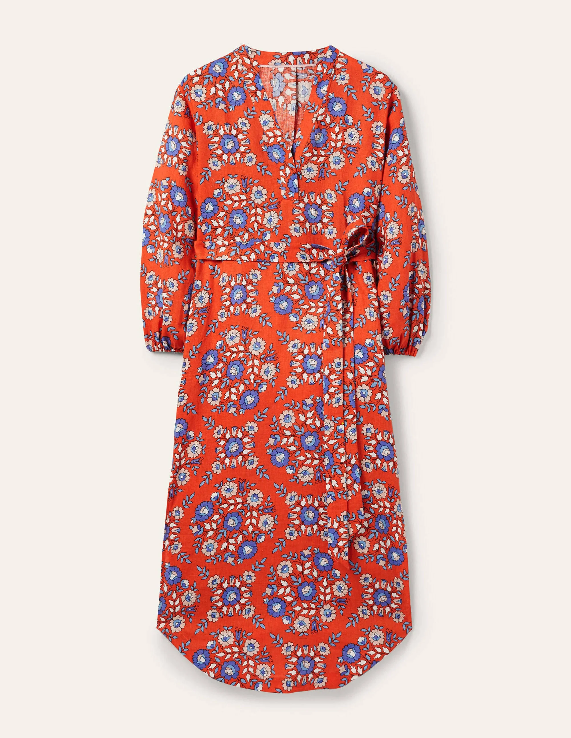 Langärmliges Maxikleid aus Leinen-Papayaorange, Wildblumenmuster - Image 5