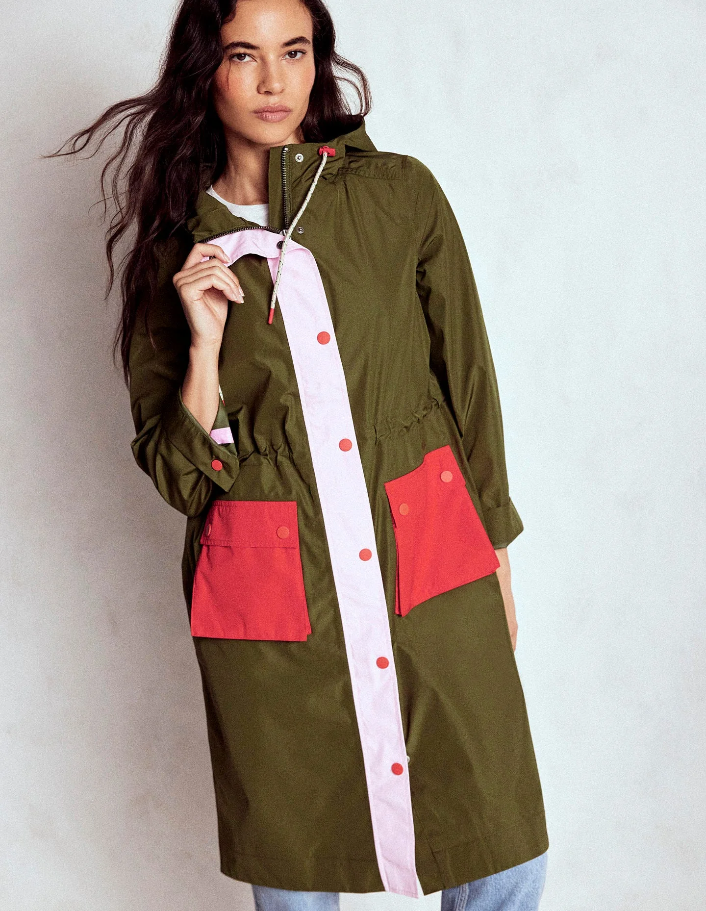 Lange Regenjacke-Khaki, Blockfarben - Image 2