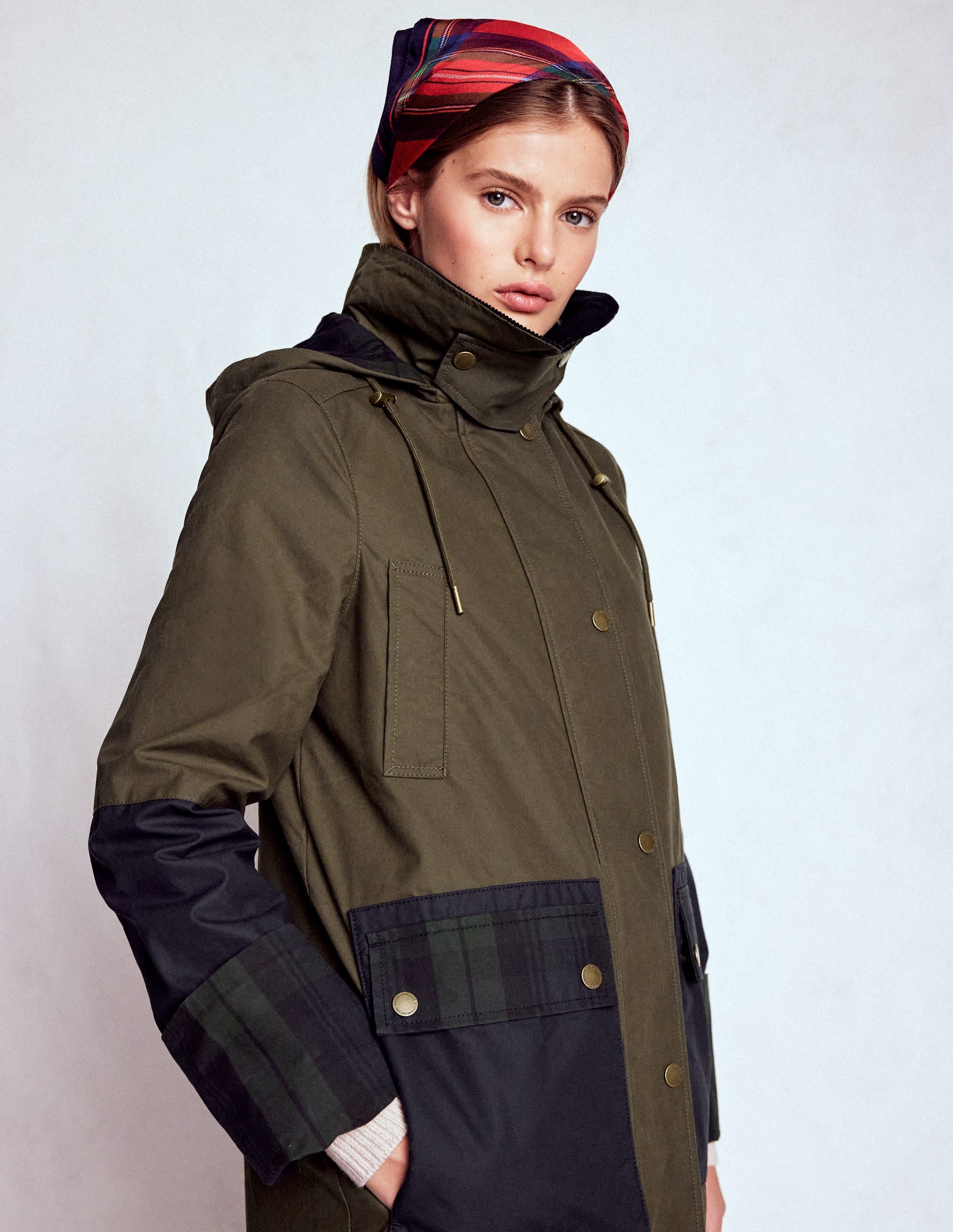 Langer gewachster Mantel-Marineblau Khaki Blockfarben