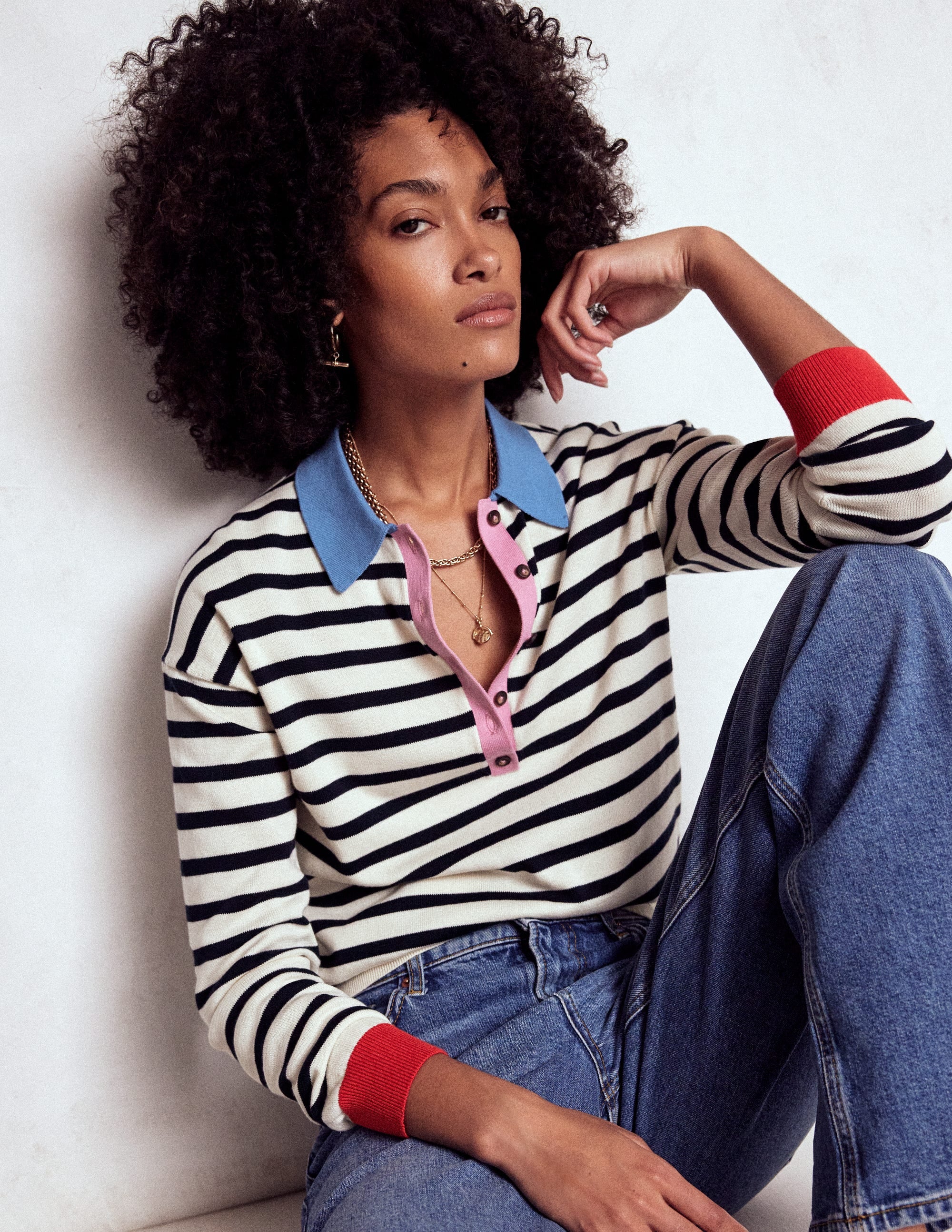 Lara Henley-Pullover aus Baumwolle-Marineblau, Warmes Naturweiß Streifen