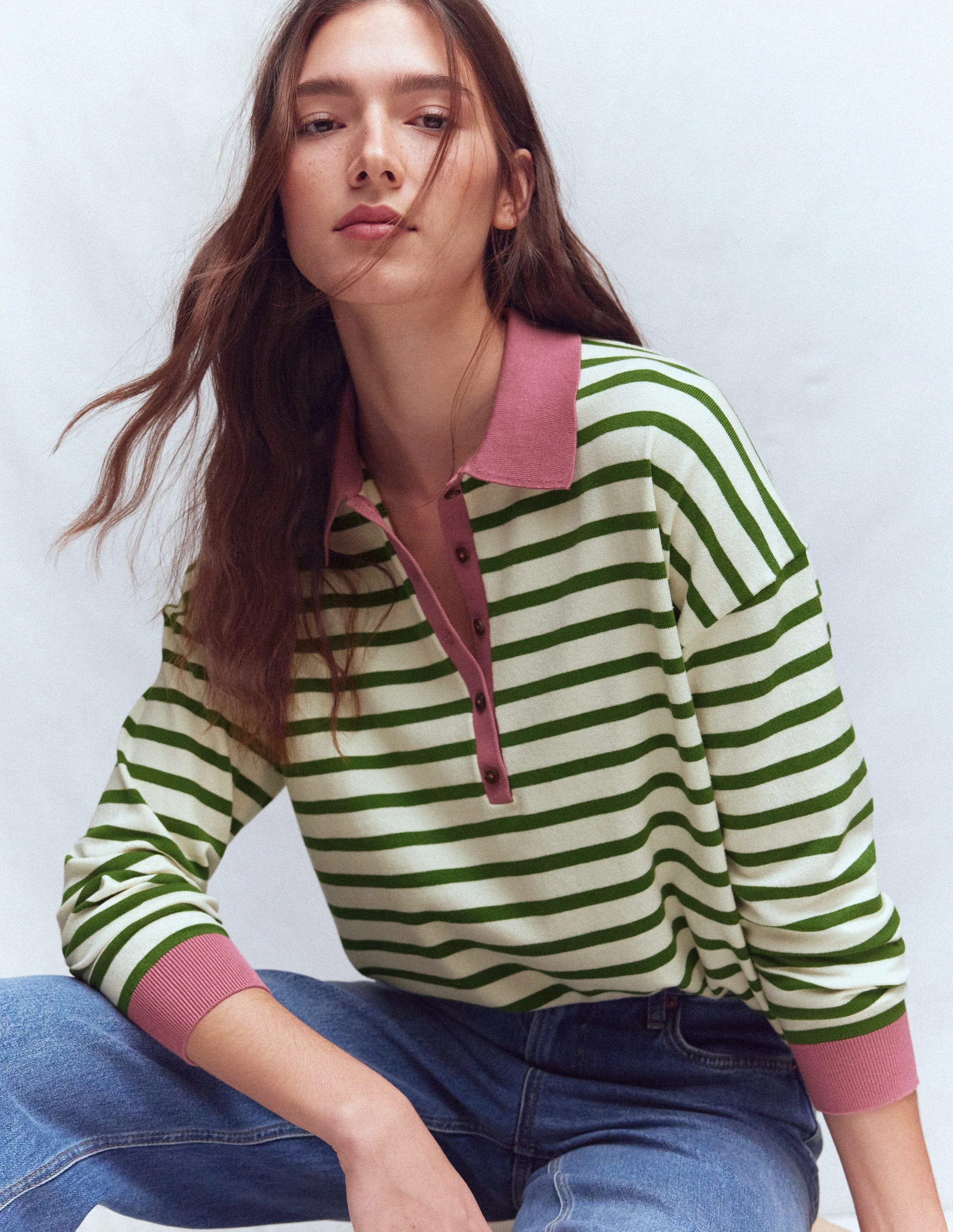 Lara Henley-Pullover aus Baumwolle-Warmes Naturweiß, Hofgrün Streifen
