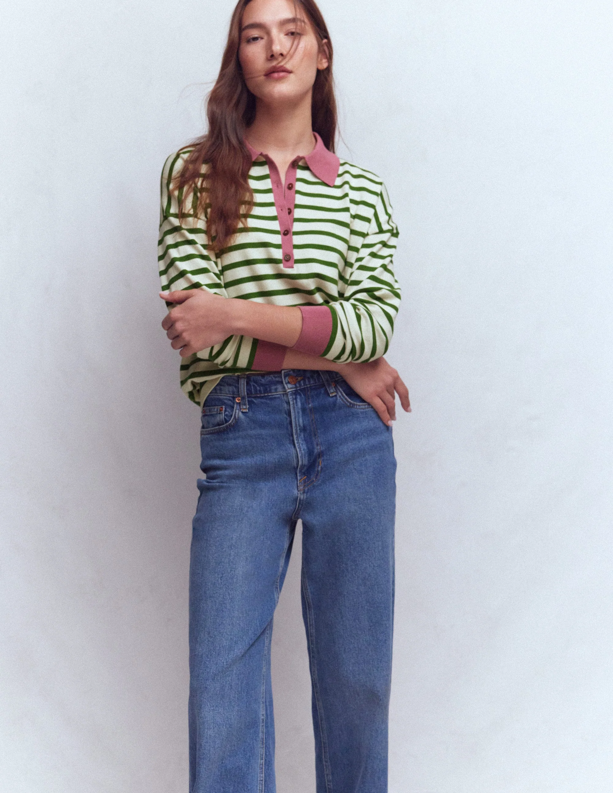 Lara Henley-Pullover aus Baumwolle-Warmes Naturweiß, Hofgrün Streifen - Image 4