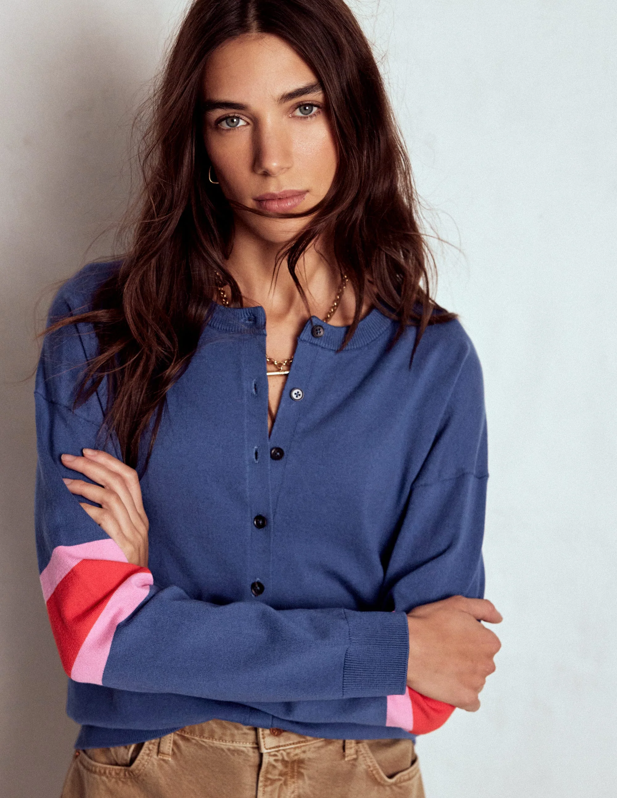 Lara Lockere Baumwoll-Strickjacke-Denim-Blau