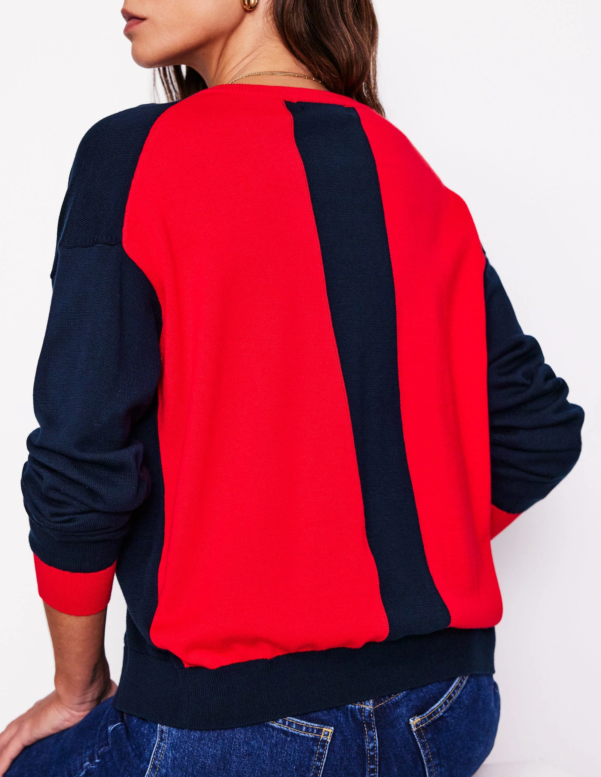 Lara Lockere Baumwoll-Strickjacke-Marineblau, Mohnblumenrot - Image 3