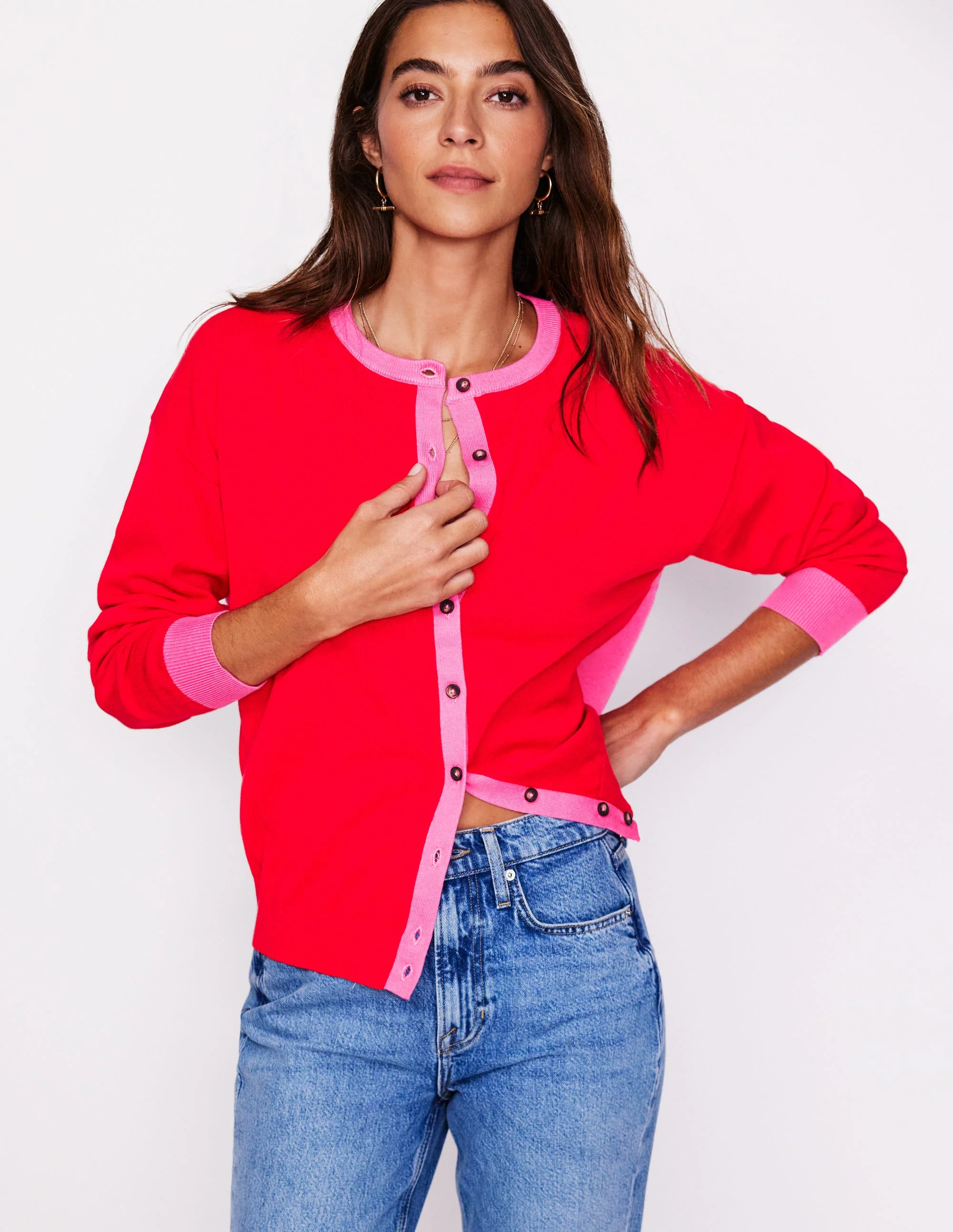Lara Lockere Baumwoll-Strickjacke-Rot, Karminrosa - Image 4