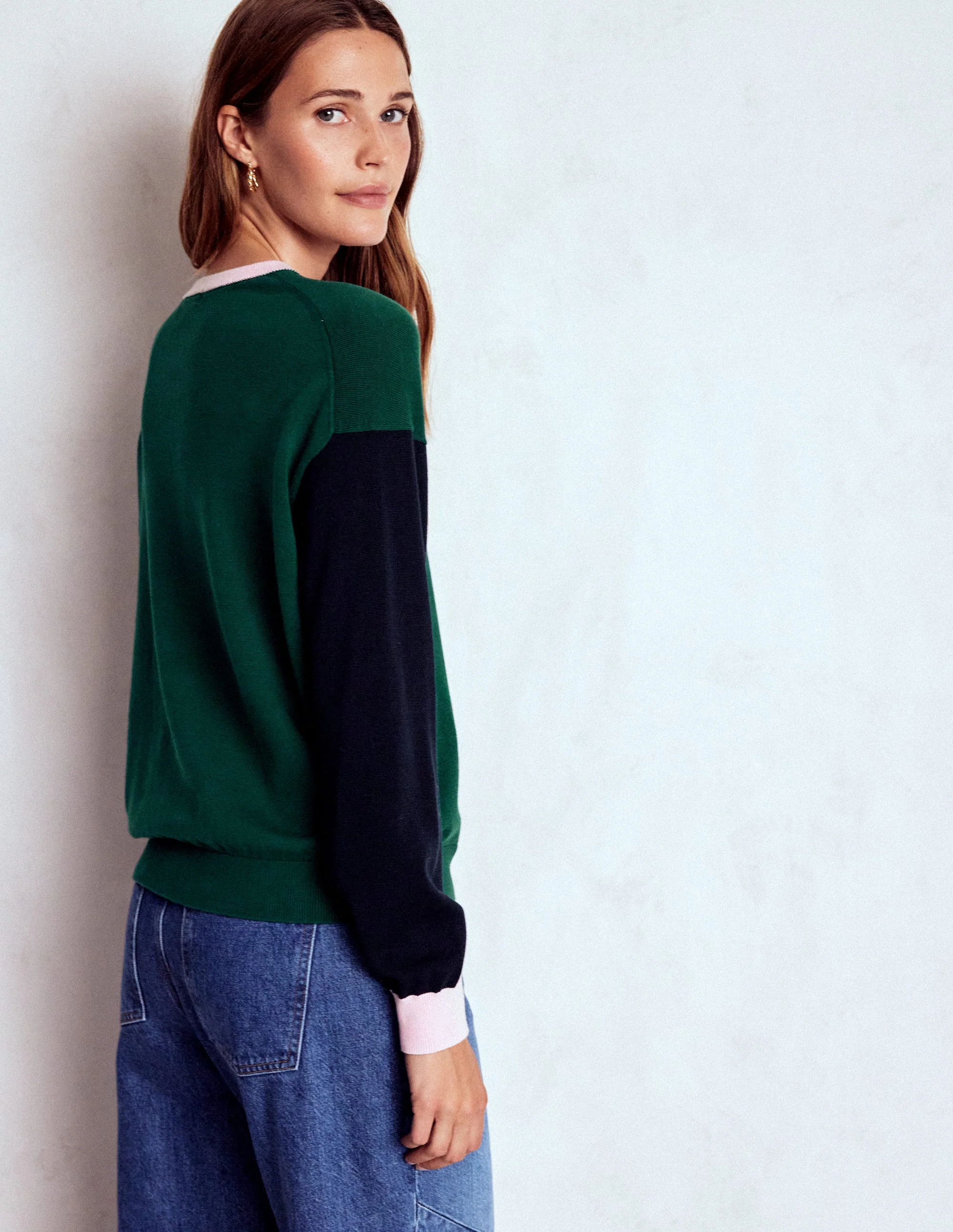 Lara Lockerer Baumwollpullover-Dunkles Smaragdgrün, Marineblau - Image 3