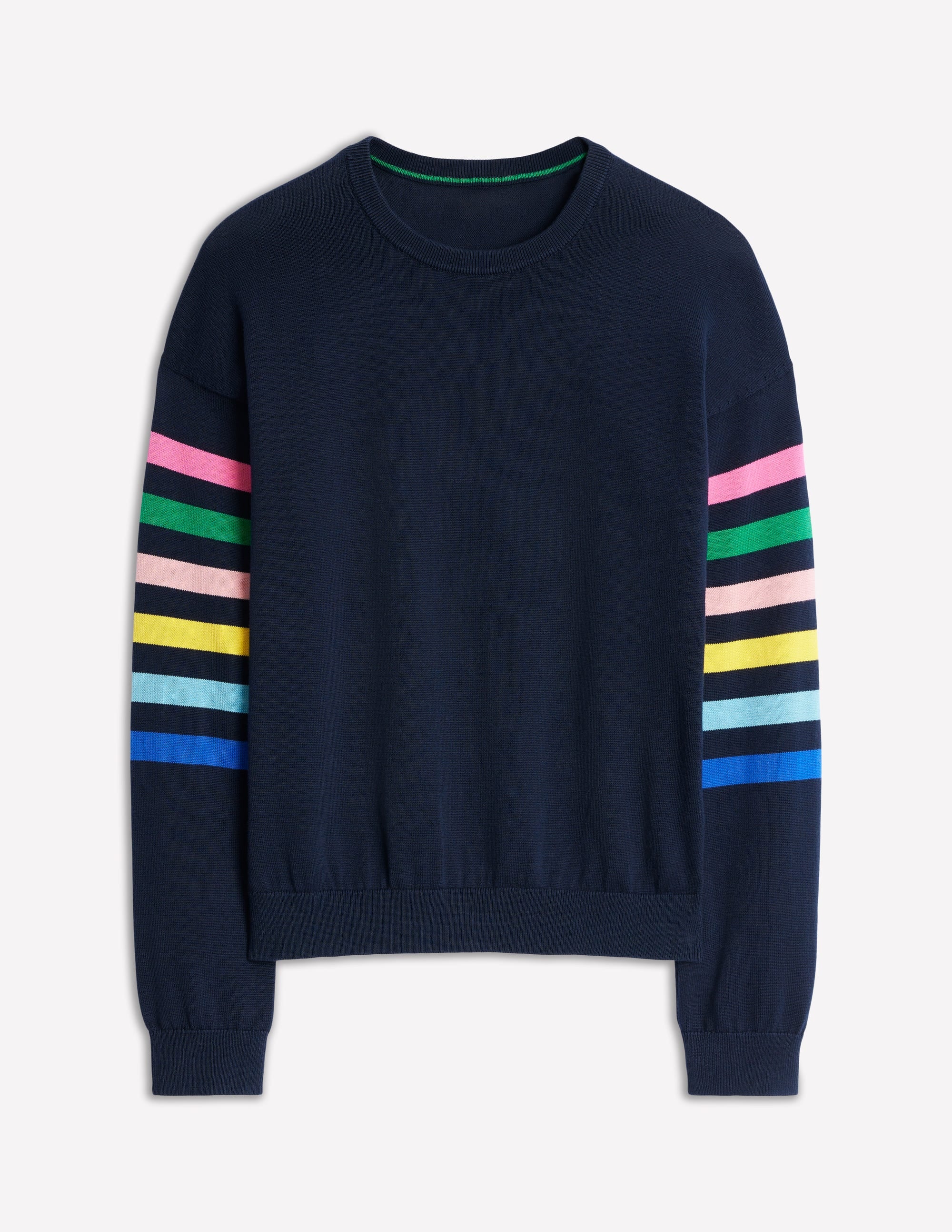 Lara Lockerer Baumwollpullover-Marineblau Regenbogenstreifen an den Ärmeln - Image 6