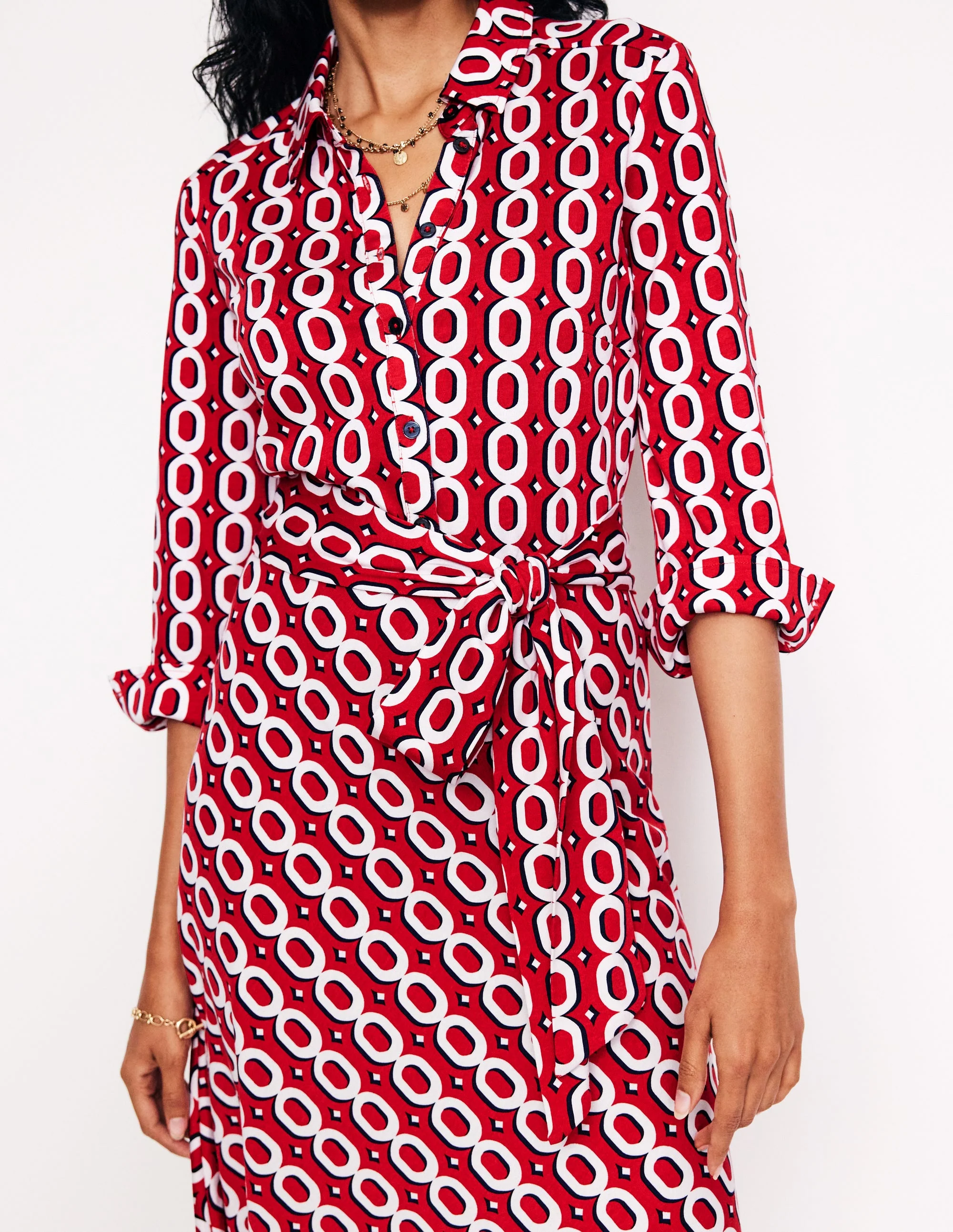 Laura Midi-Hemdblusenkleid aus Jersey-Briefkastenrot, Kette - Image 2