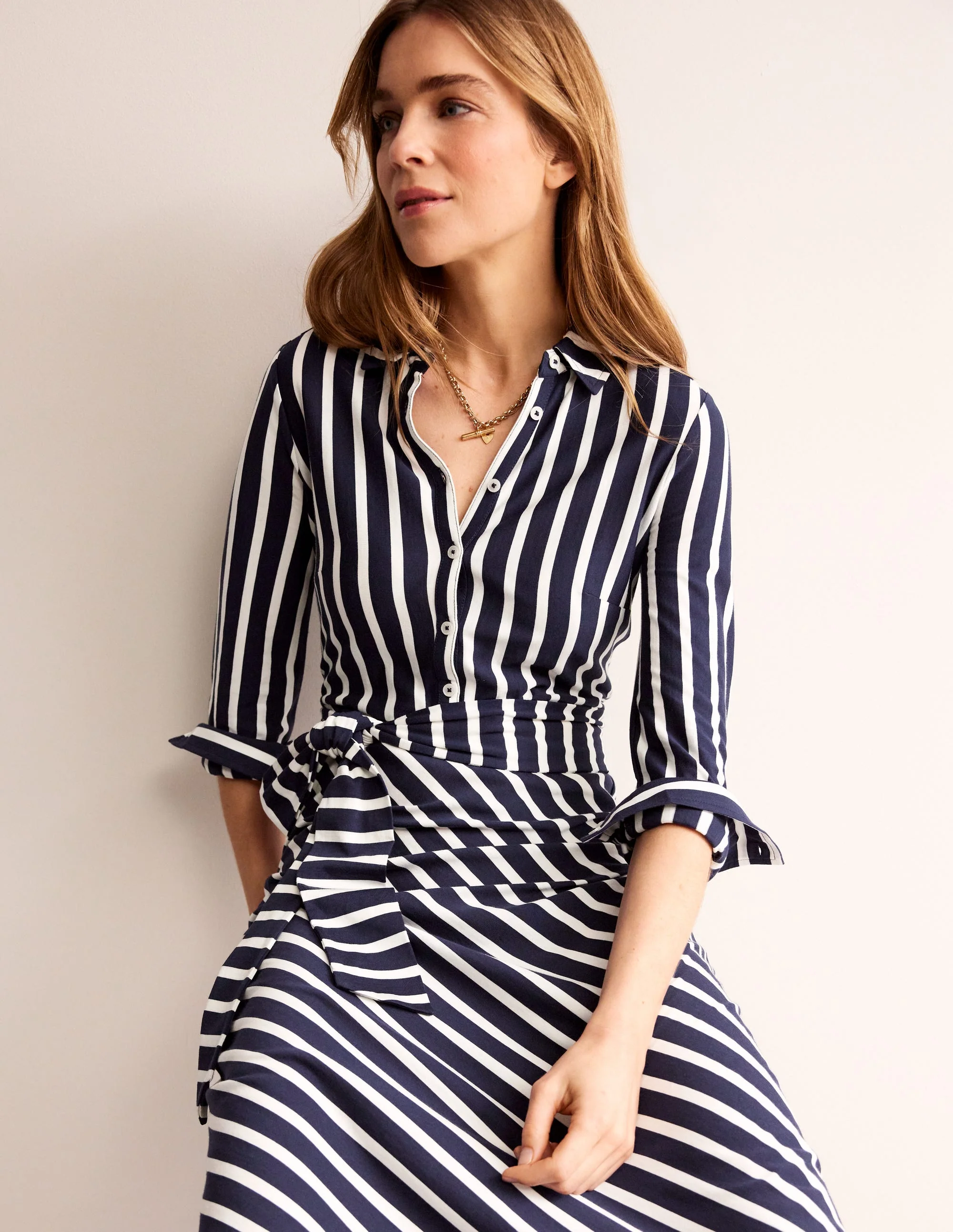 Laura Midi-Hemdblusenkleid aus Jersey-Französisches Marineblau/Naturweiß Gestreift
