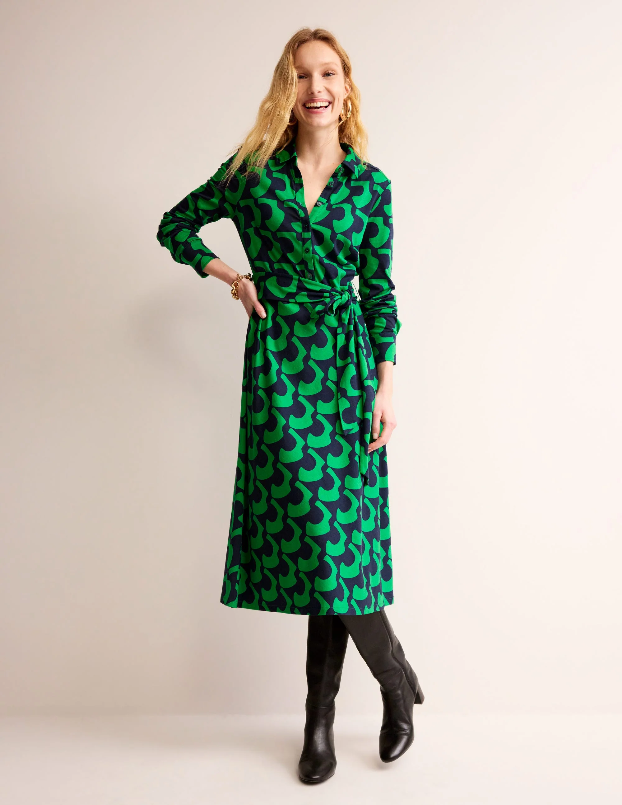 Laura Midi-Hemdblusenkleid aus Jersey-Grünes Tamburin, Arc Geo