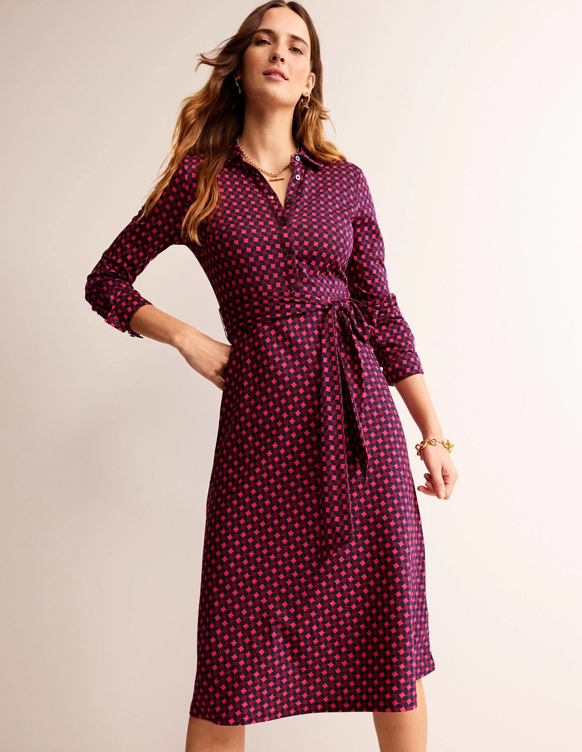 Laura Midi-Hemdblusenkleid aus Jersey-Kräftiges Pink, Abstrakter Diamant