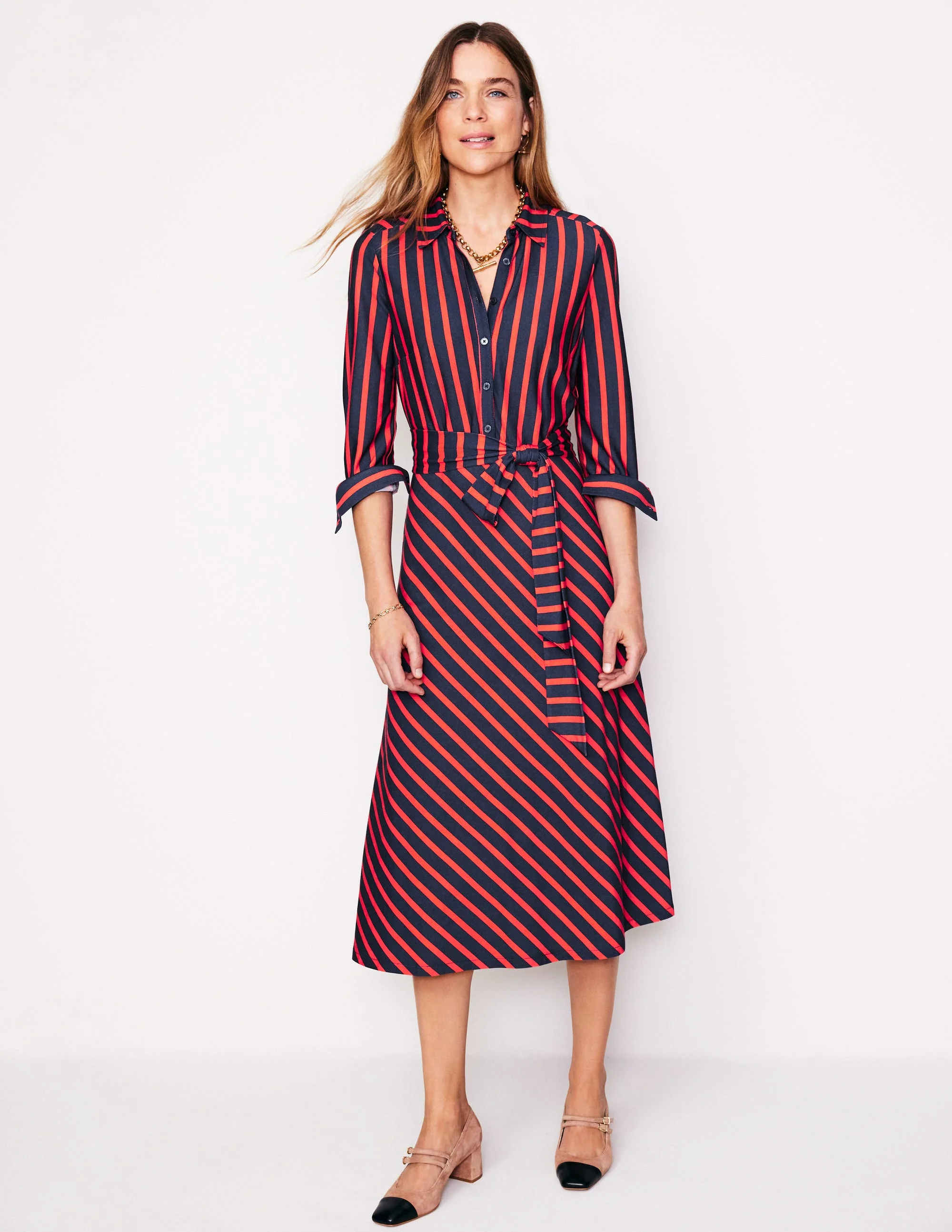 Laura Midi-Hemdblusenkleid aus Jersey-Marineblau, Rouge-Rot Gestreift - Image 4