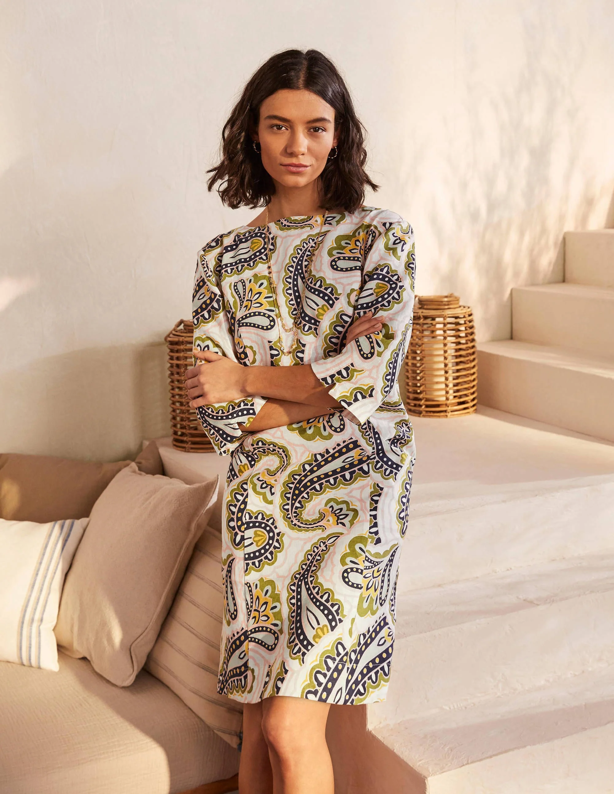Laurie Leinenkleid-Naturweiß, Sommerliches Paisleymuster