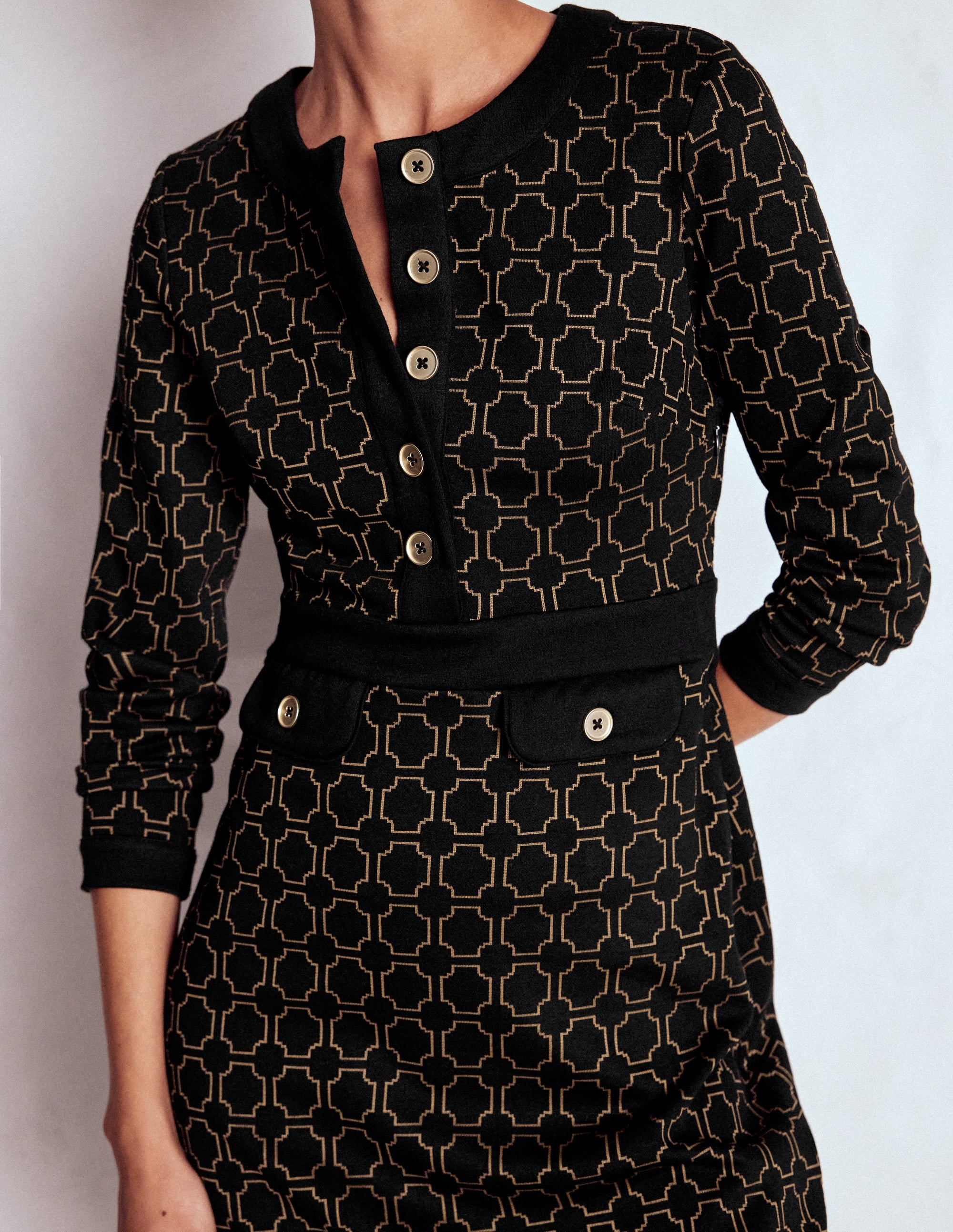 Lavinia Etuikleid mit Knöpfen-Schwarz/Camel-Jacquard - Image 2