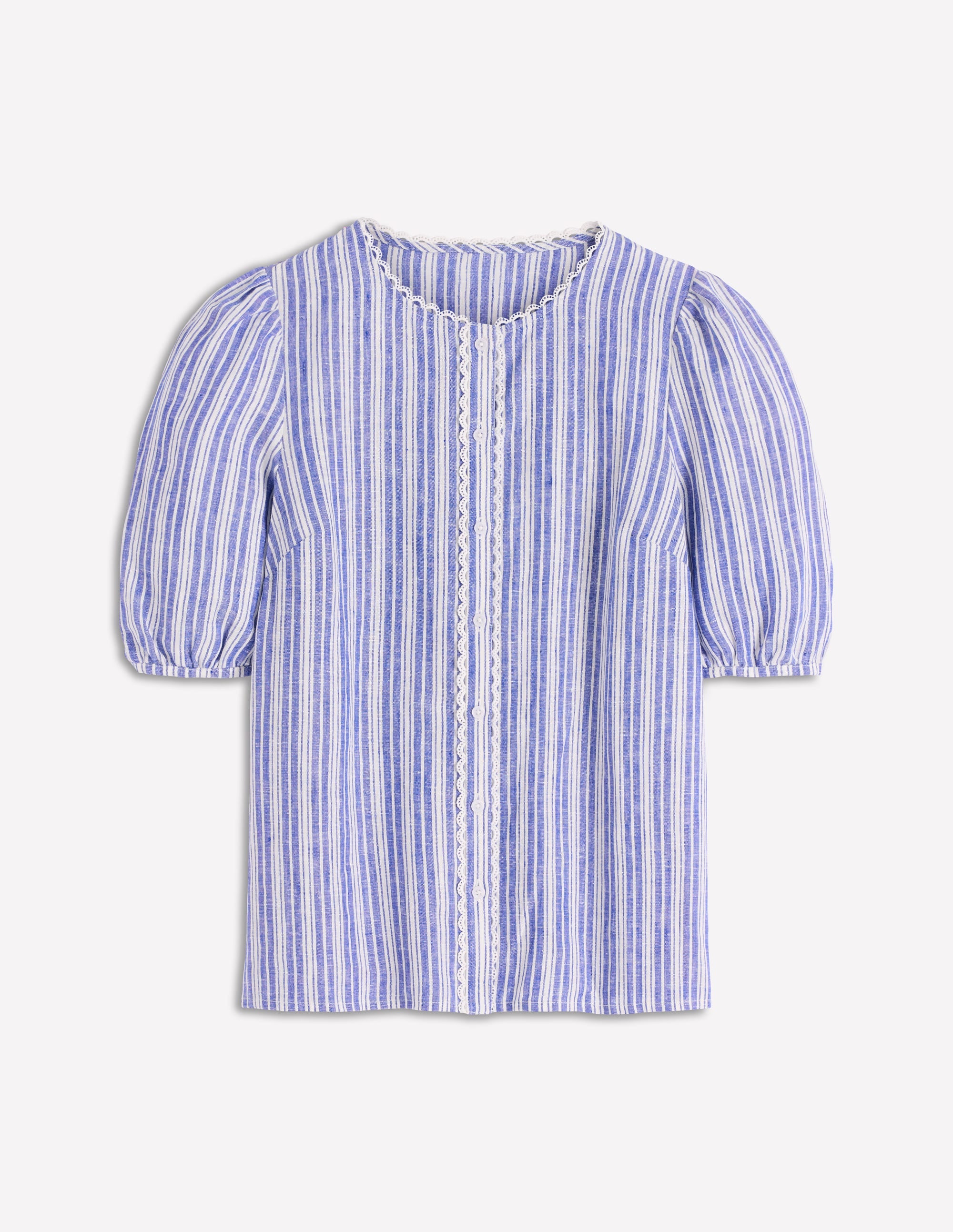 Leah Kurzärmeliges Leinenoberteil-Leuchtendes Blau Bunte Streifen - Image 7