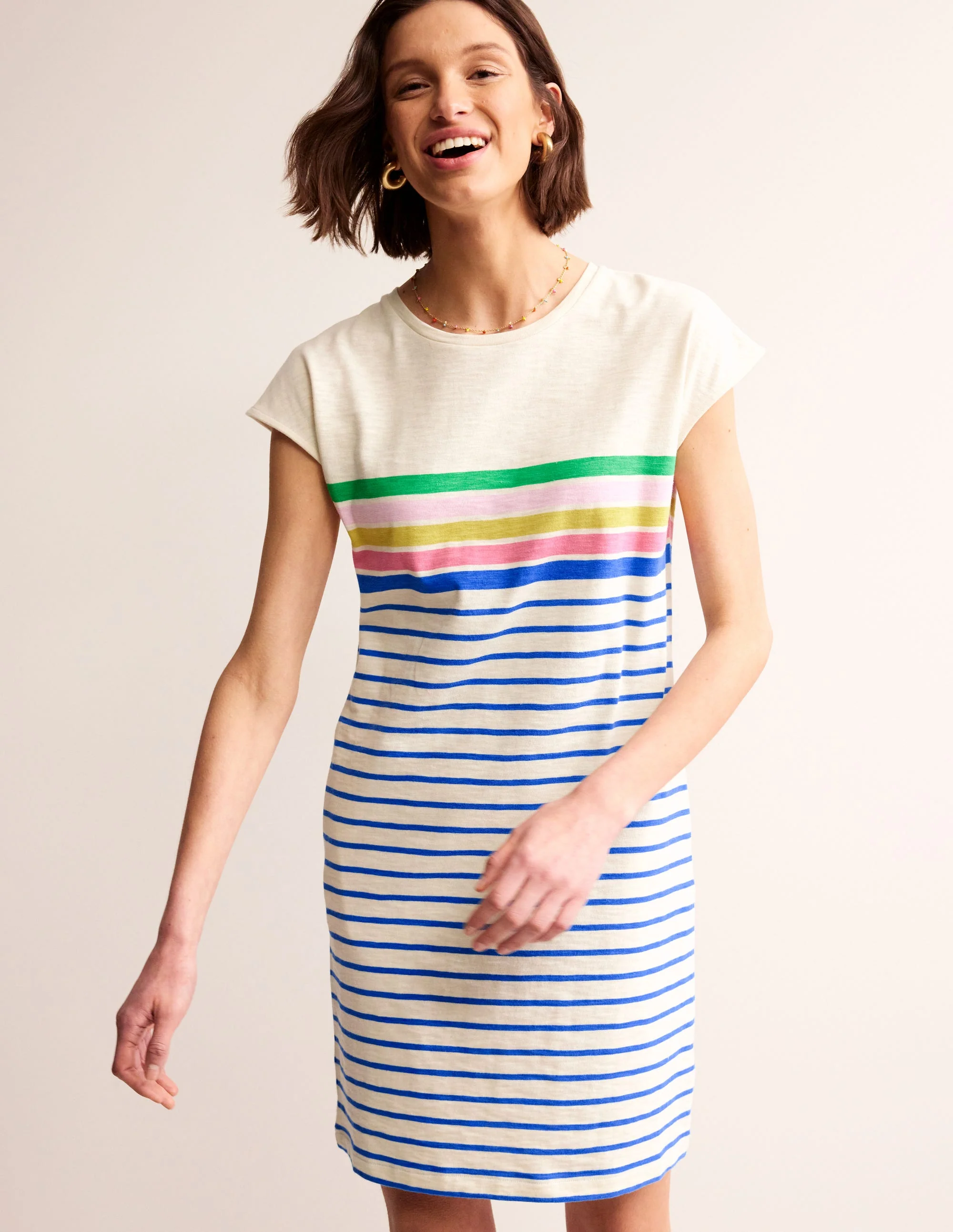 Leah T-Shirt-Kleid aus Jersey-Grün, Sangria Multistreifen