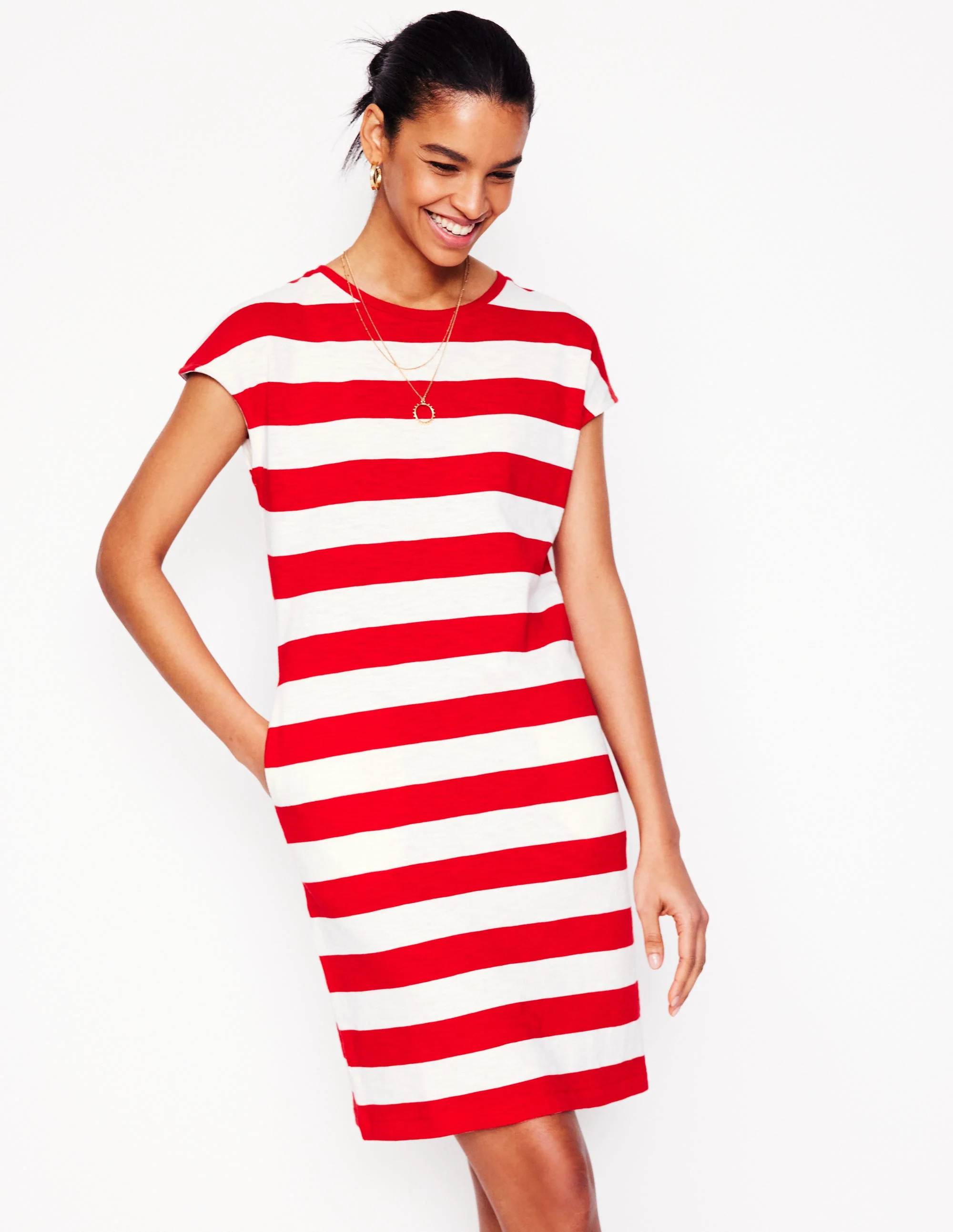 Leah T-Shirt-Kleid aus Jersey-Mohnblumenrot, Weiße Streifen