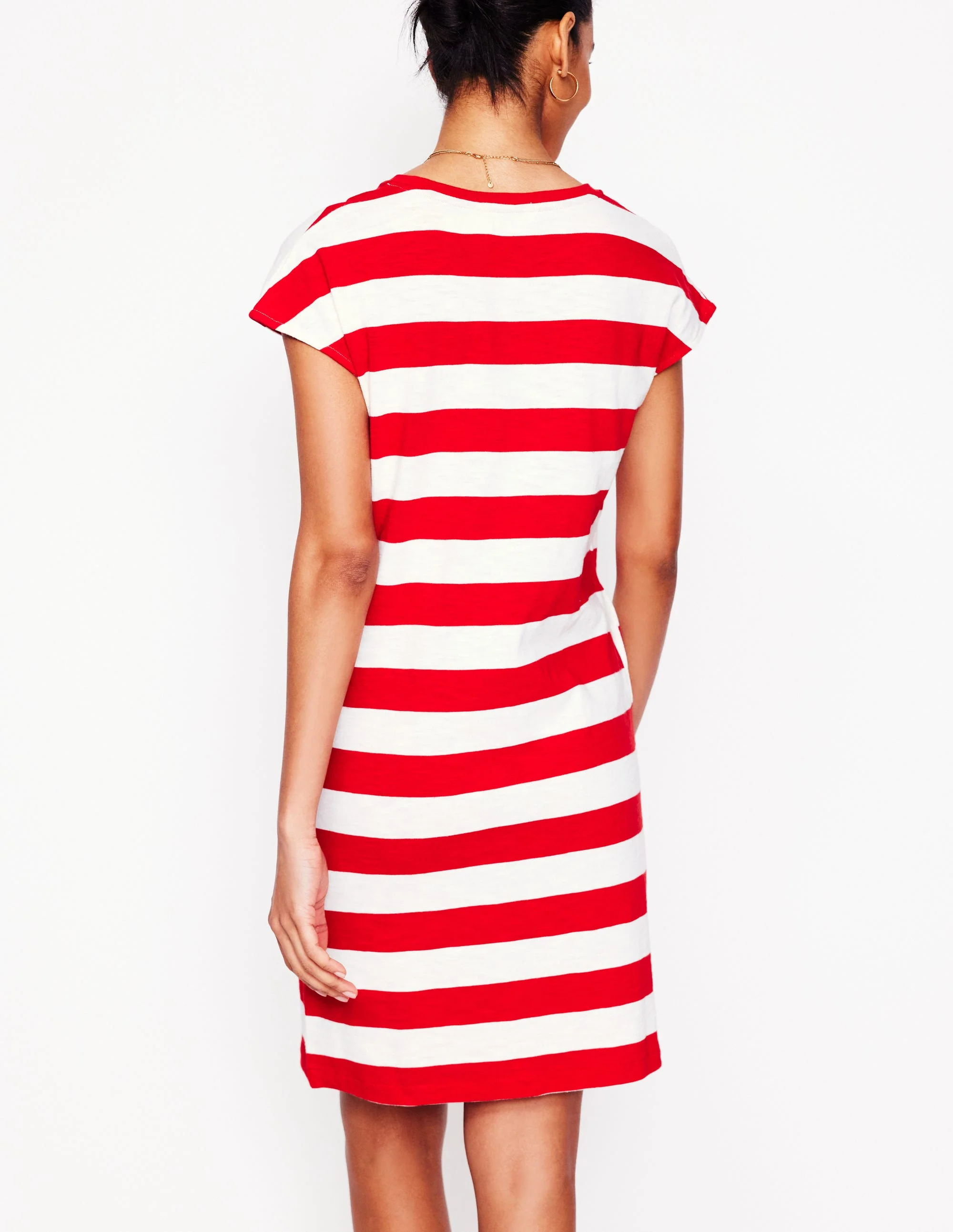 Leah T-Shirt-Kleid aus Jersey-Mohnblumenrot, Weiße Streifen - Image 3
