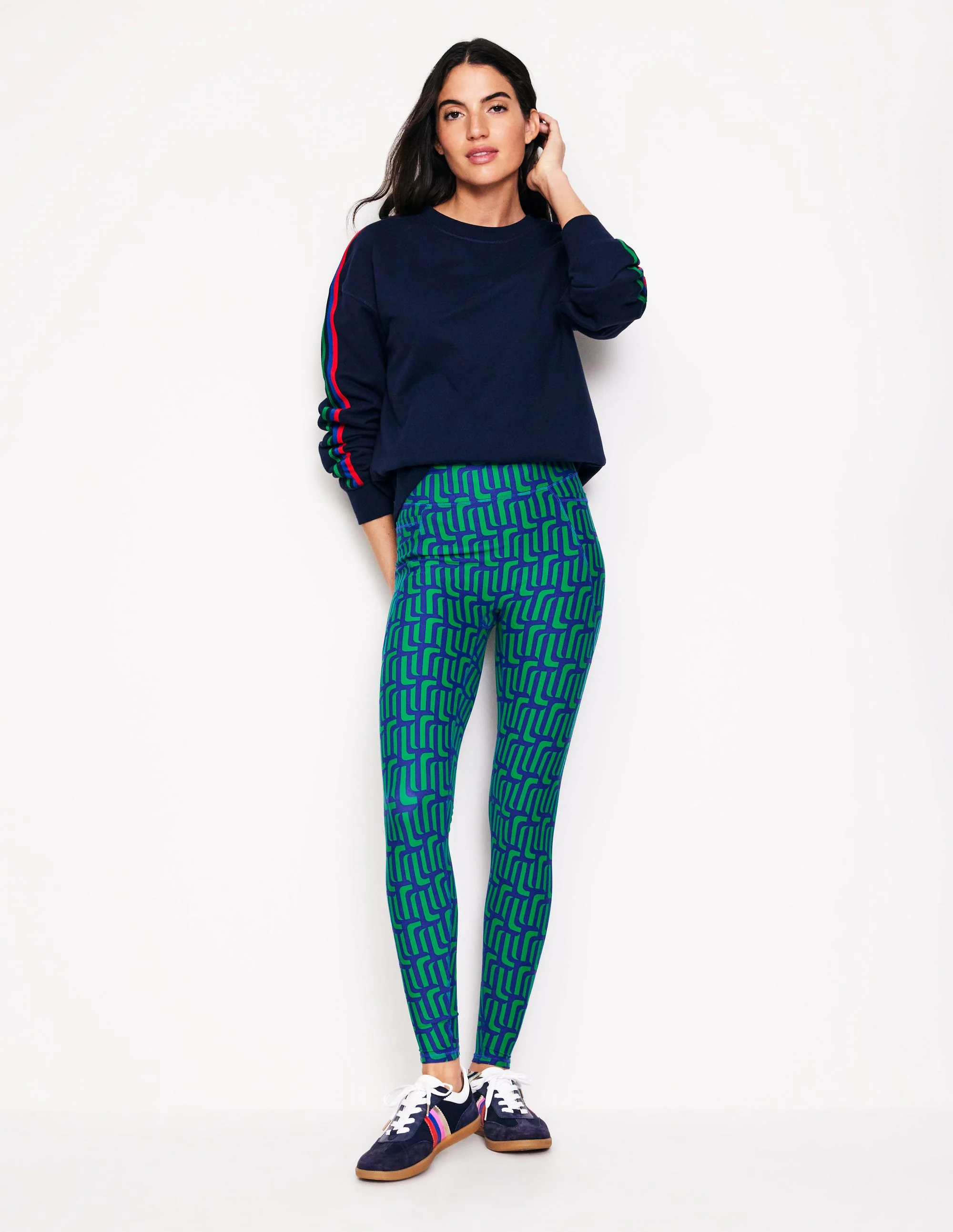 Leggings mit hohem Bund und Tasche-Grünes Tamburin, Motiv Falling Geo