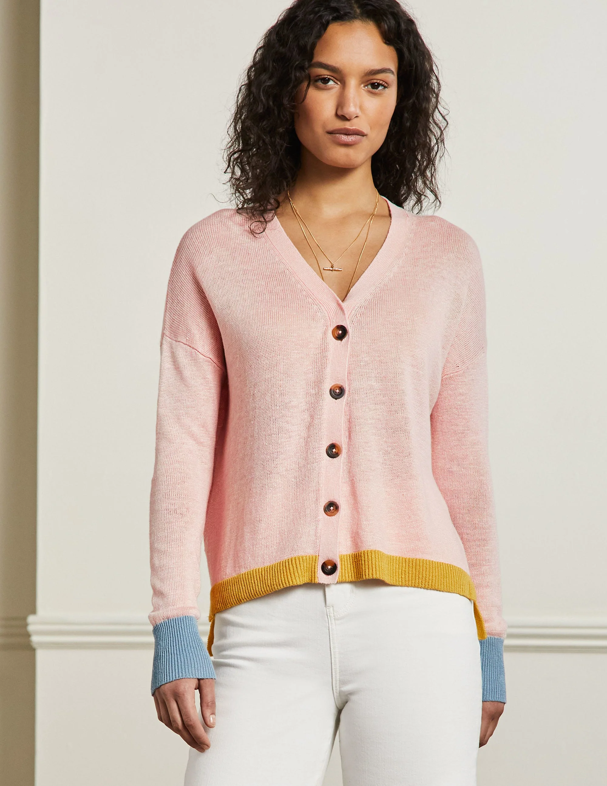 Leinen-Cardigan mit Blockfarben-Milchshake, Blockfarben