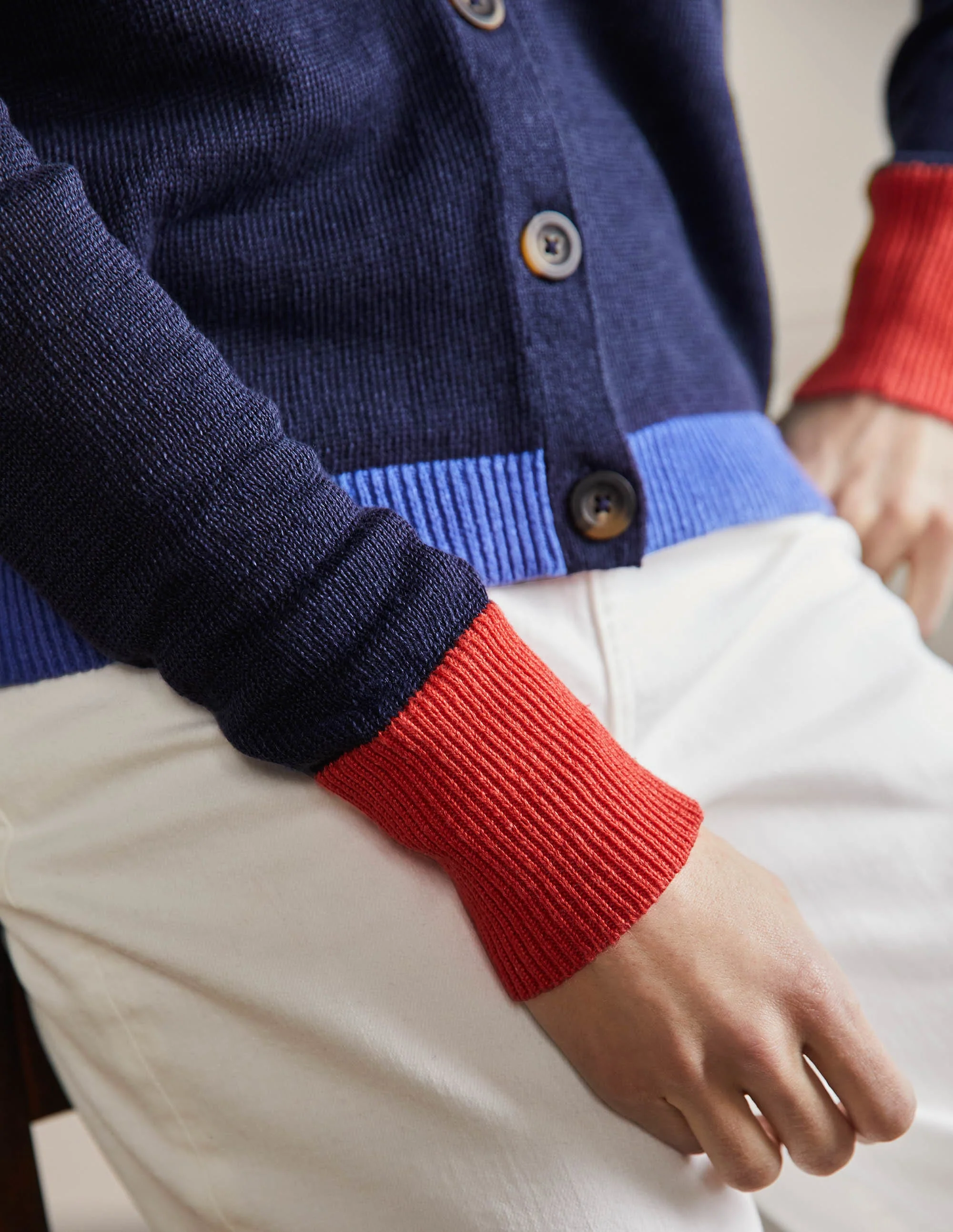 Leinen-Cardigan mit Blockfarben-Navy, Blockfarben - Image 2