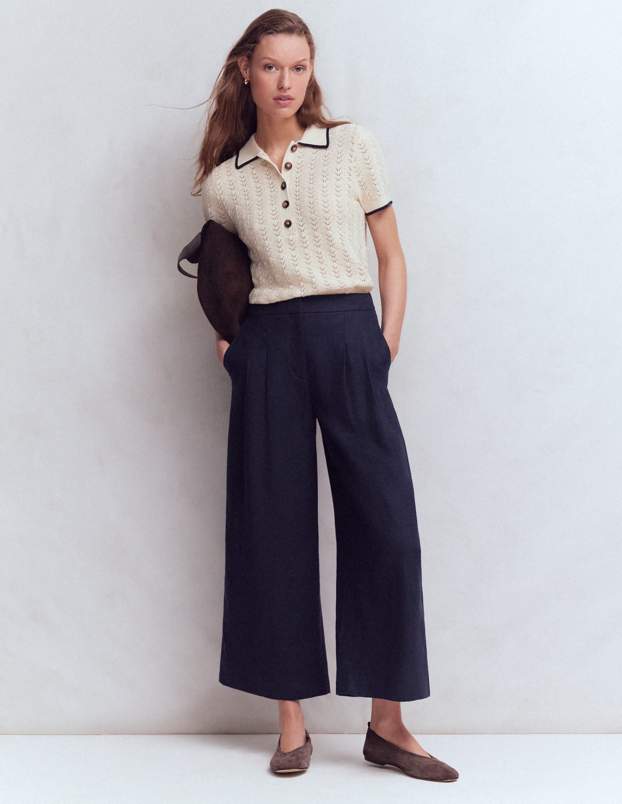 Leinen-Culotte mit Bundfalte-Marineblau