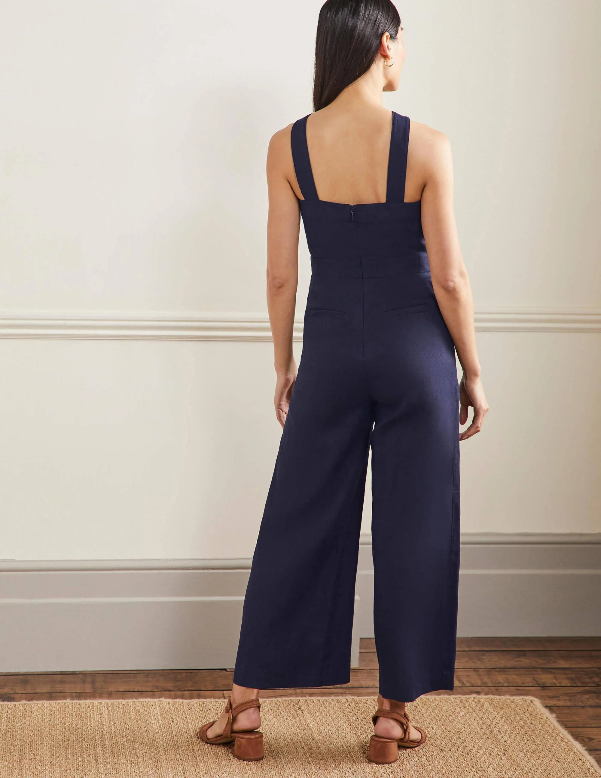 Leinen-Jumpsuit mit gekreuzten Trägern-Marineblau - Image 3