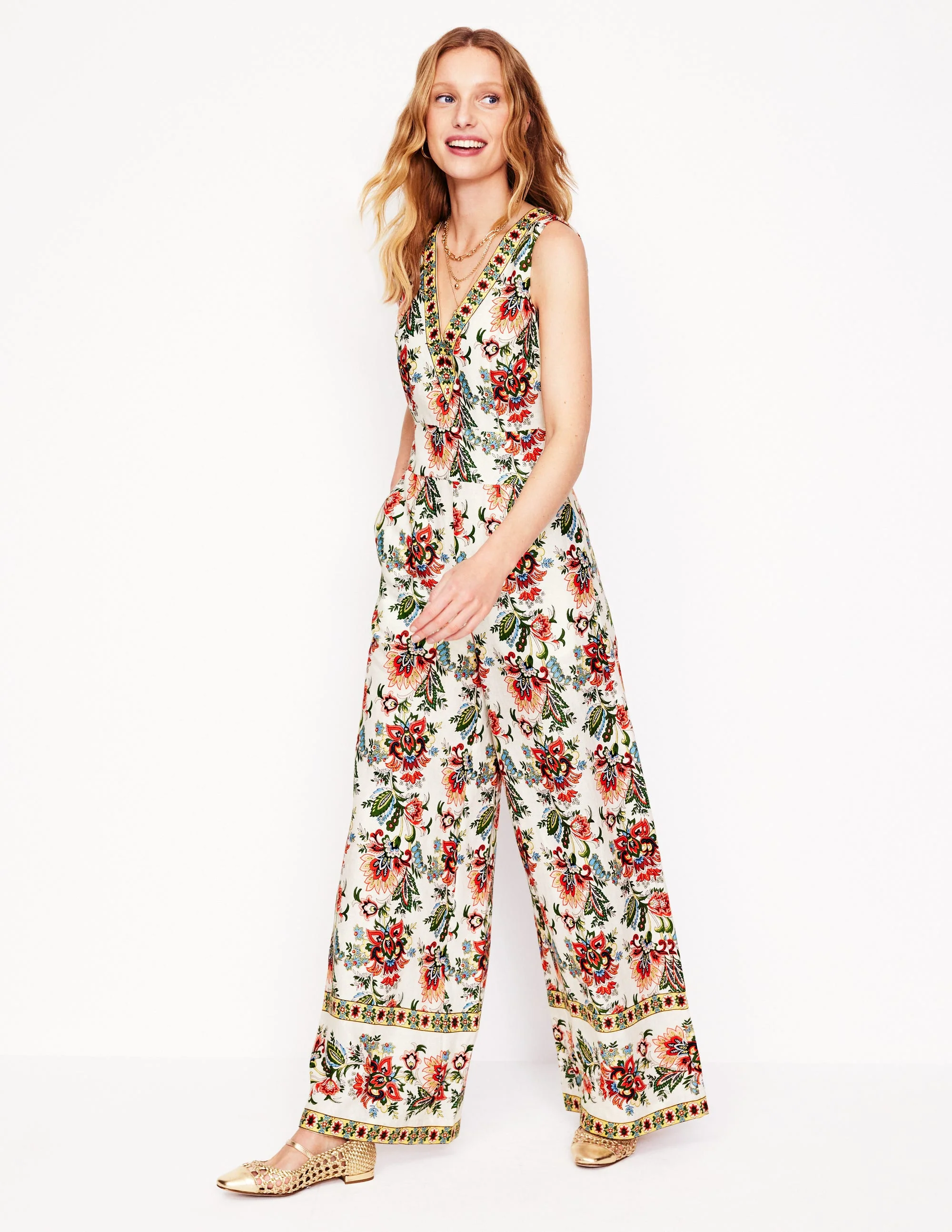 Leinen-Jumpsuit mit V-Ausschnitt-Naturweiß, Botanische Terrasse