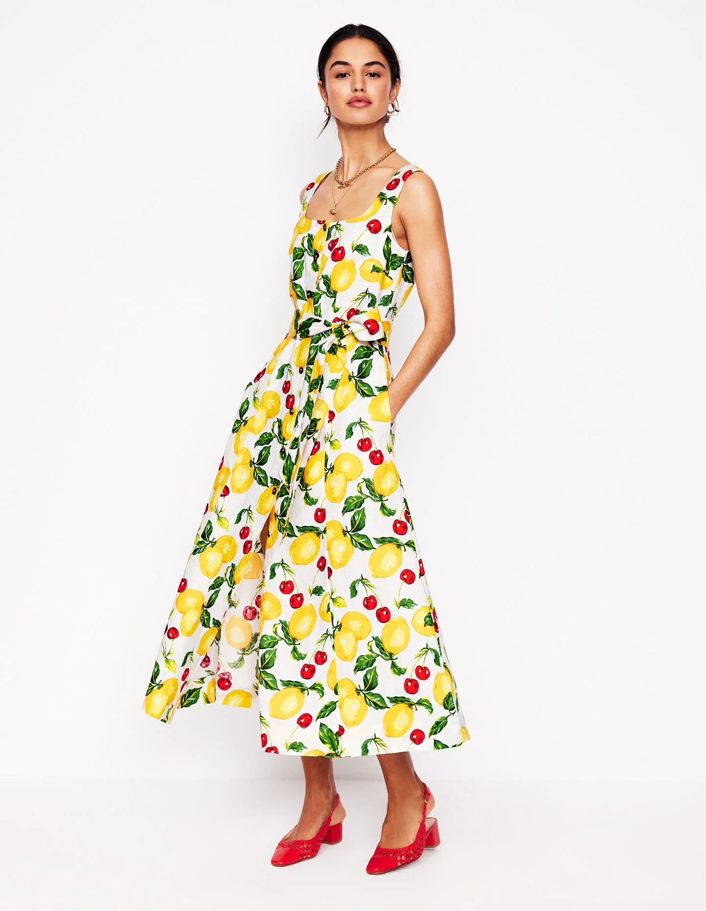 Leinen-Midikleid mit eckigem Ausschnitt-Naturweiß, Kirschen und Zitronen - Image 5