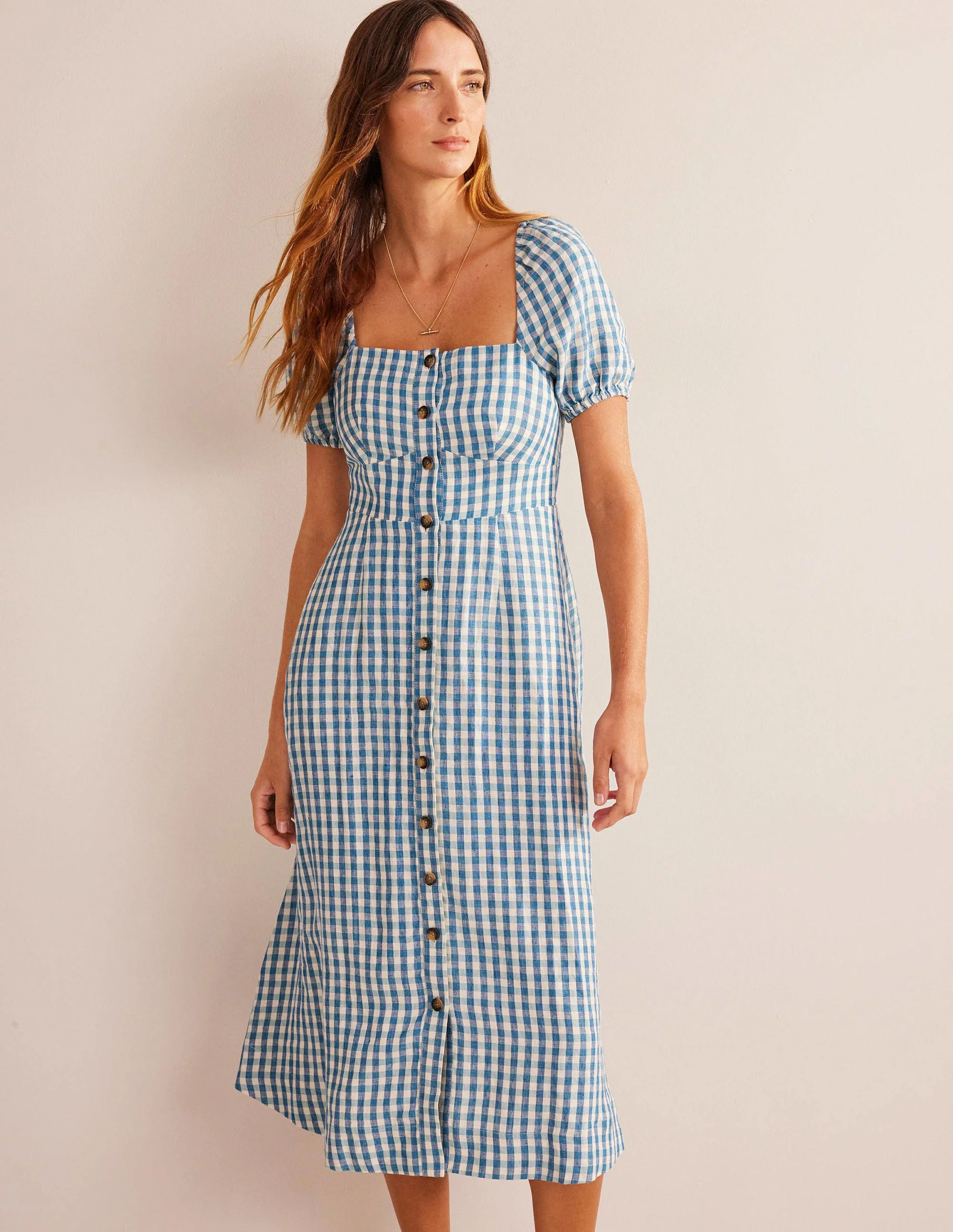 Leinen-Midikleid mit eckigem Ausschnitt-Ritterspornblau, Vichykaros