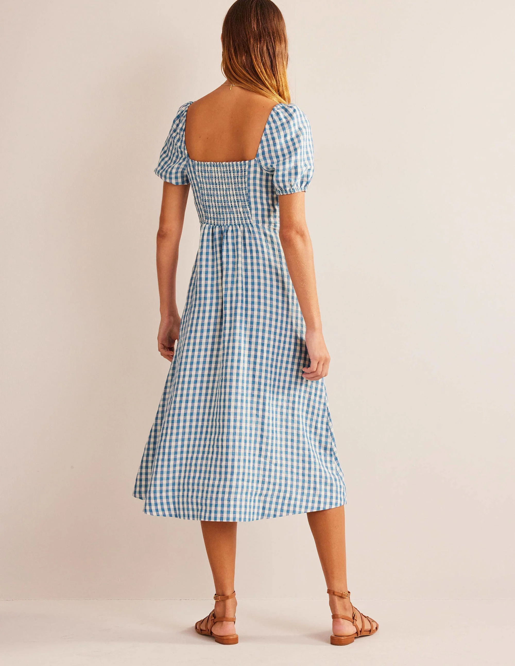 Leinen-Midikleid mit eckigem Ausschnitt-Ritterspornblau, Vichykaros - Image 3