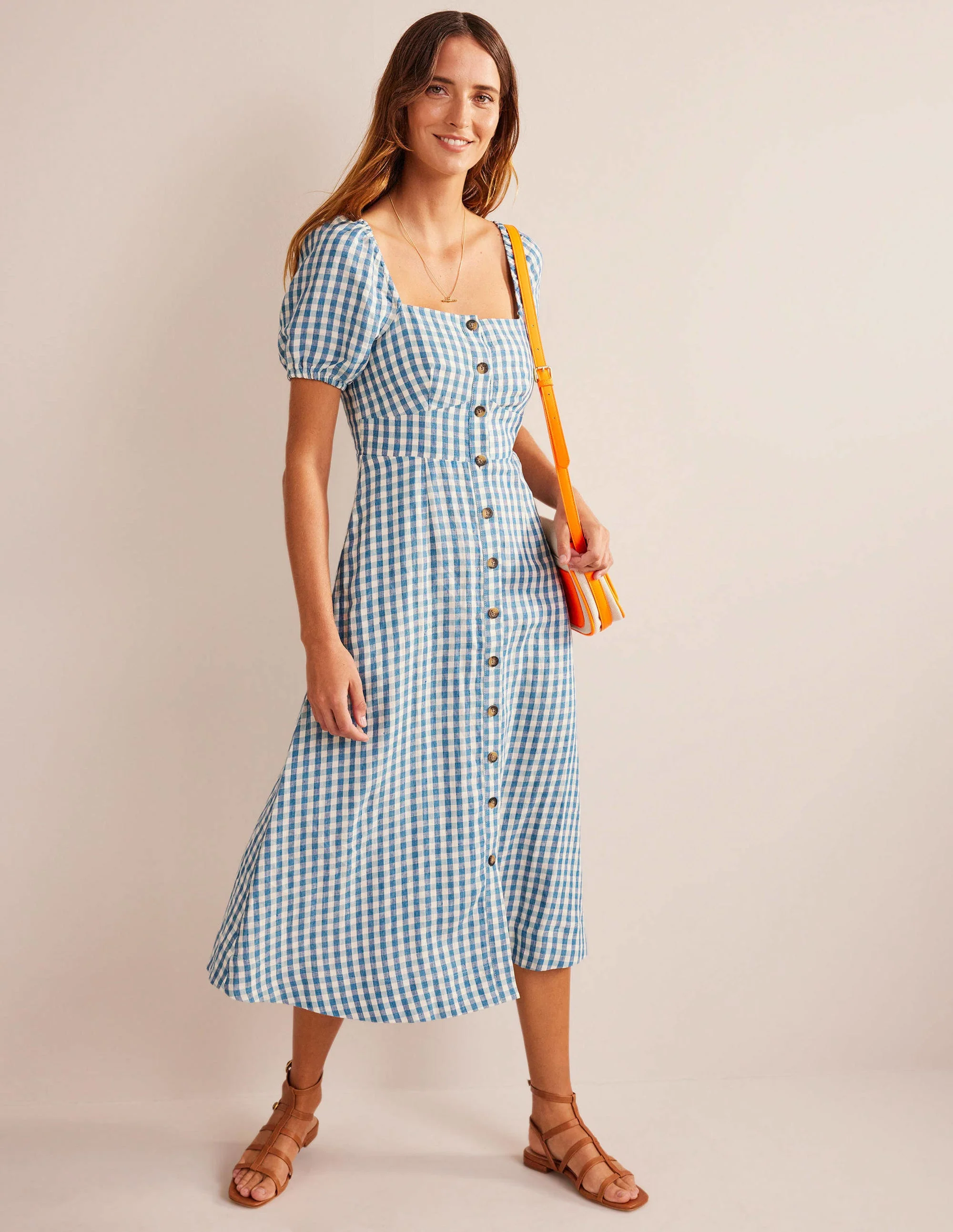 Leinen-Midikleid mit eckigem Ausschnitt-Ritterspornblau, Vichykaros - Image 4
