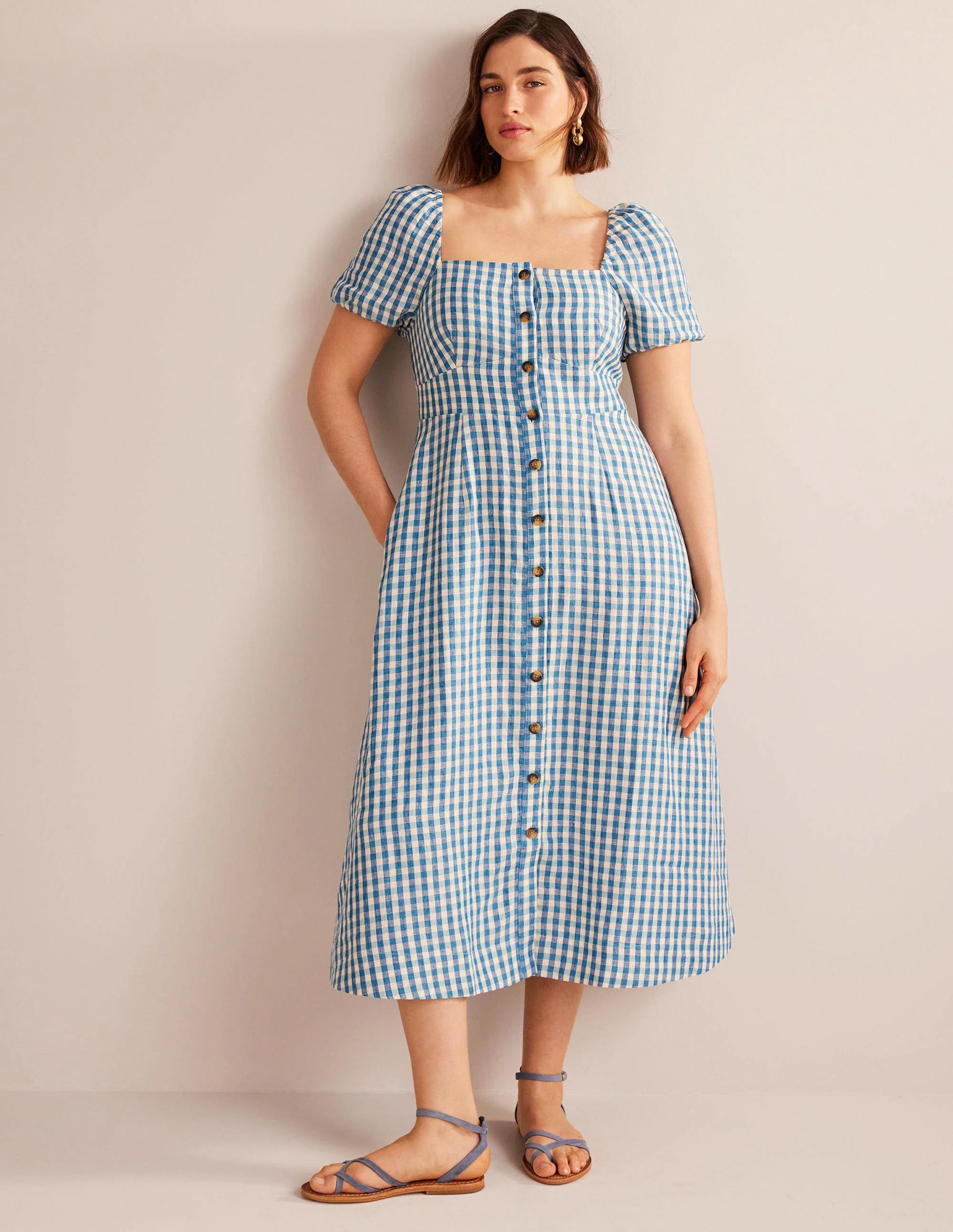 Leinen-Midikleid mit eckigem Ausschnitt-Ritterspornblau, Vichykaros - Image 5