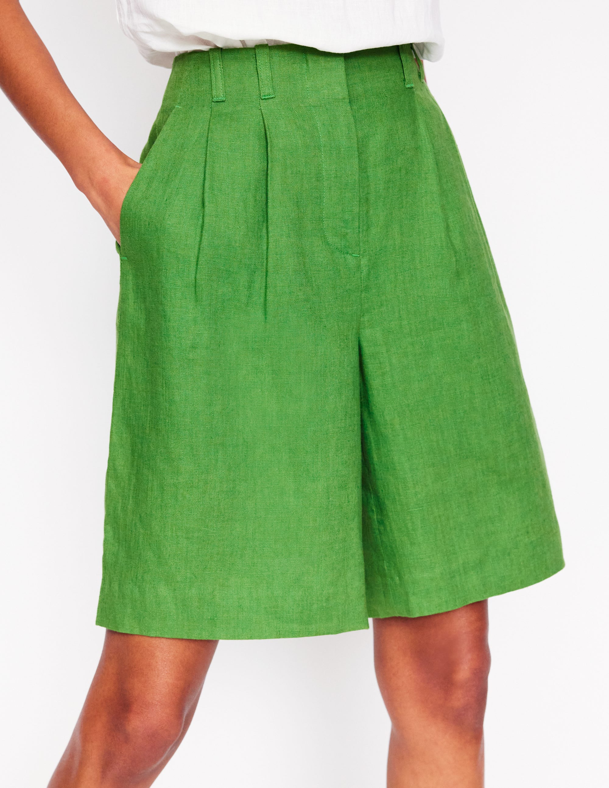 Leinen-Shorts mit weitem Bein und Faltendesign-GRÜN - Image 5