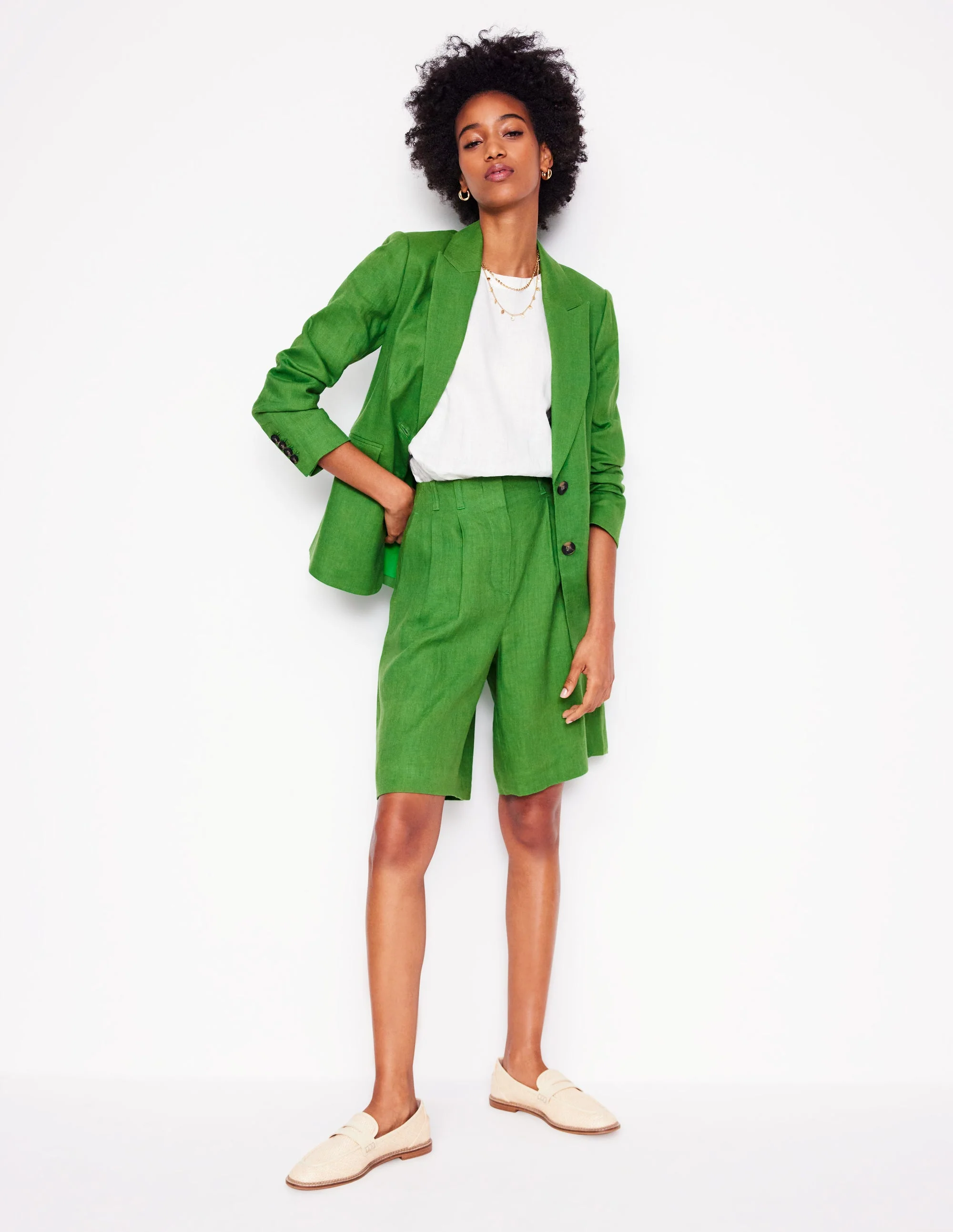Leinen-Shorts mit weitem Bein und Faltendesign-GRÜN - Image 6