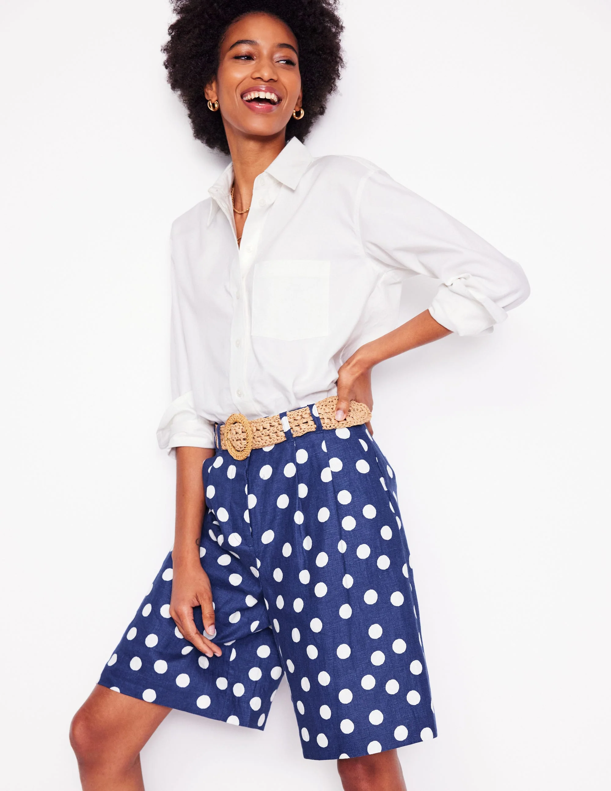 Leinen-Shorts mit weitem Bein und Faltendesign-Marineblau Gemalte Tupfen