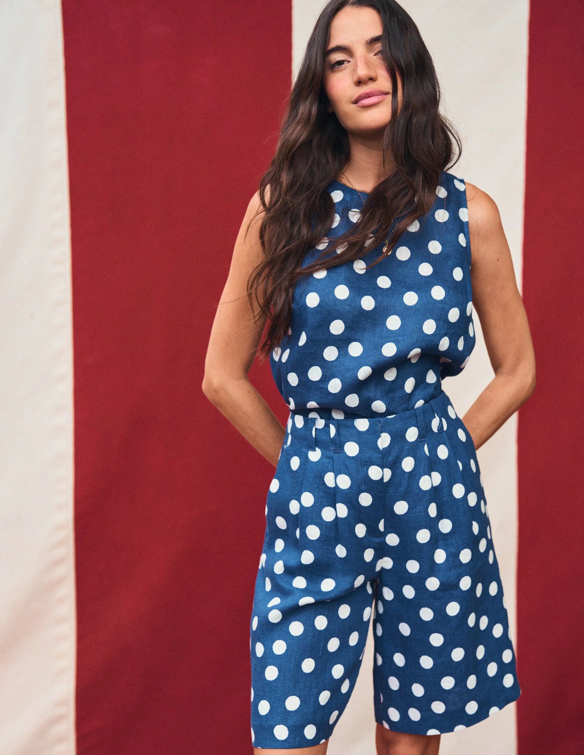 Leinen-Shorts mit weitem Bein und Faltendesign-Marineblau Gemalte Tupfen - Image 2