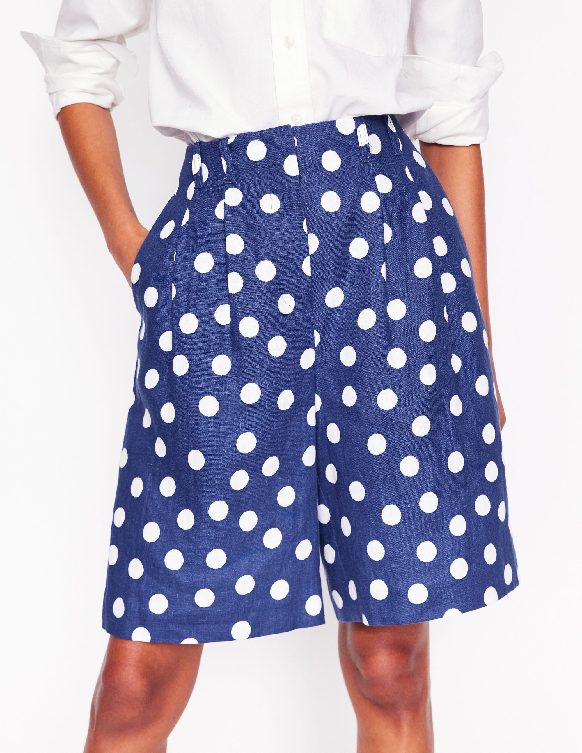 Leinen-Shorts mit weitem Bein und Faltendesign-Marineblau Gemalte Tupfen - Image 6