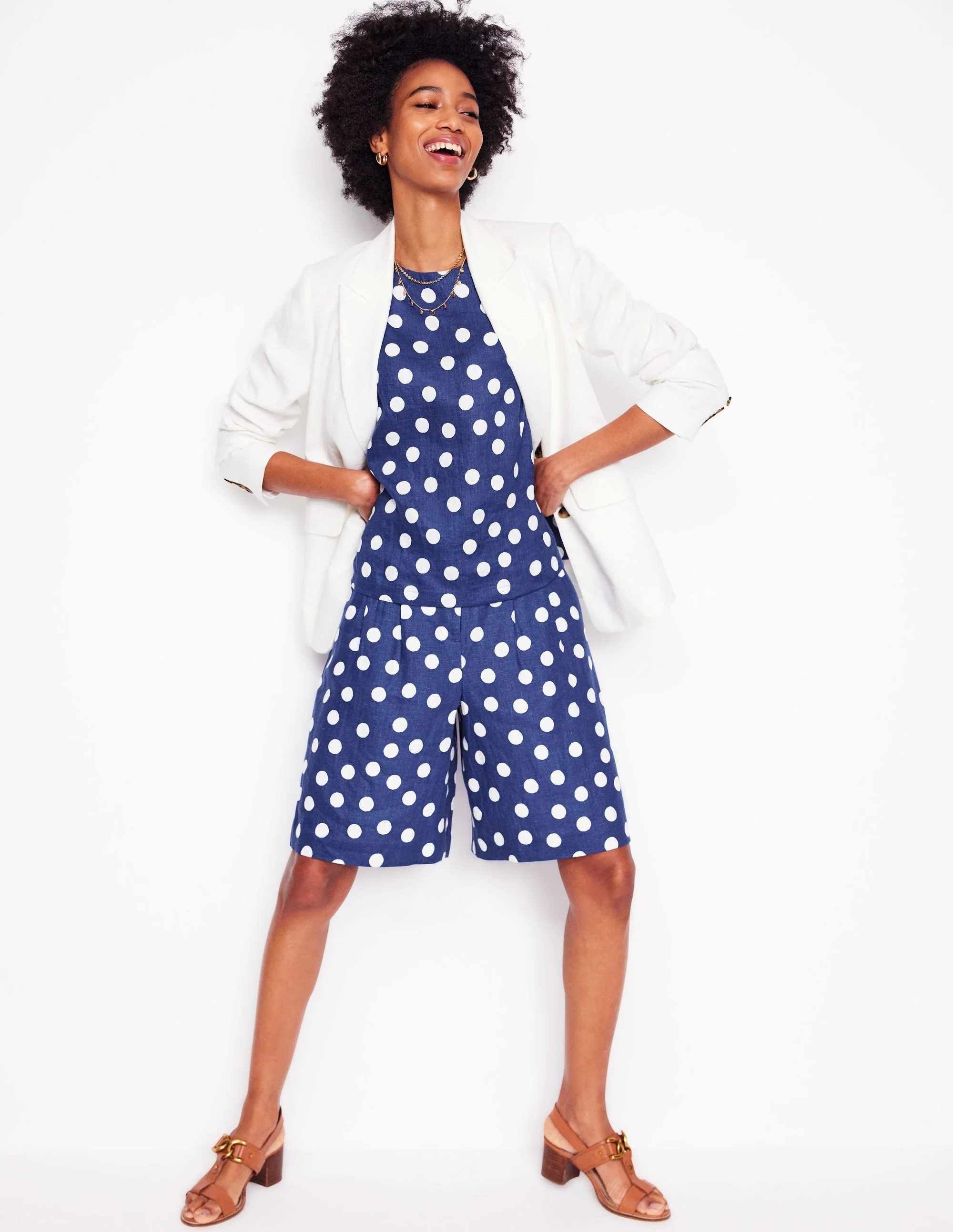 Leinen-Shorts mit weitem Bein und Faltendesign-Marineblau Gemalte Tupfen - Image 8