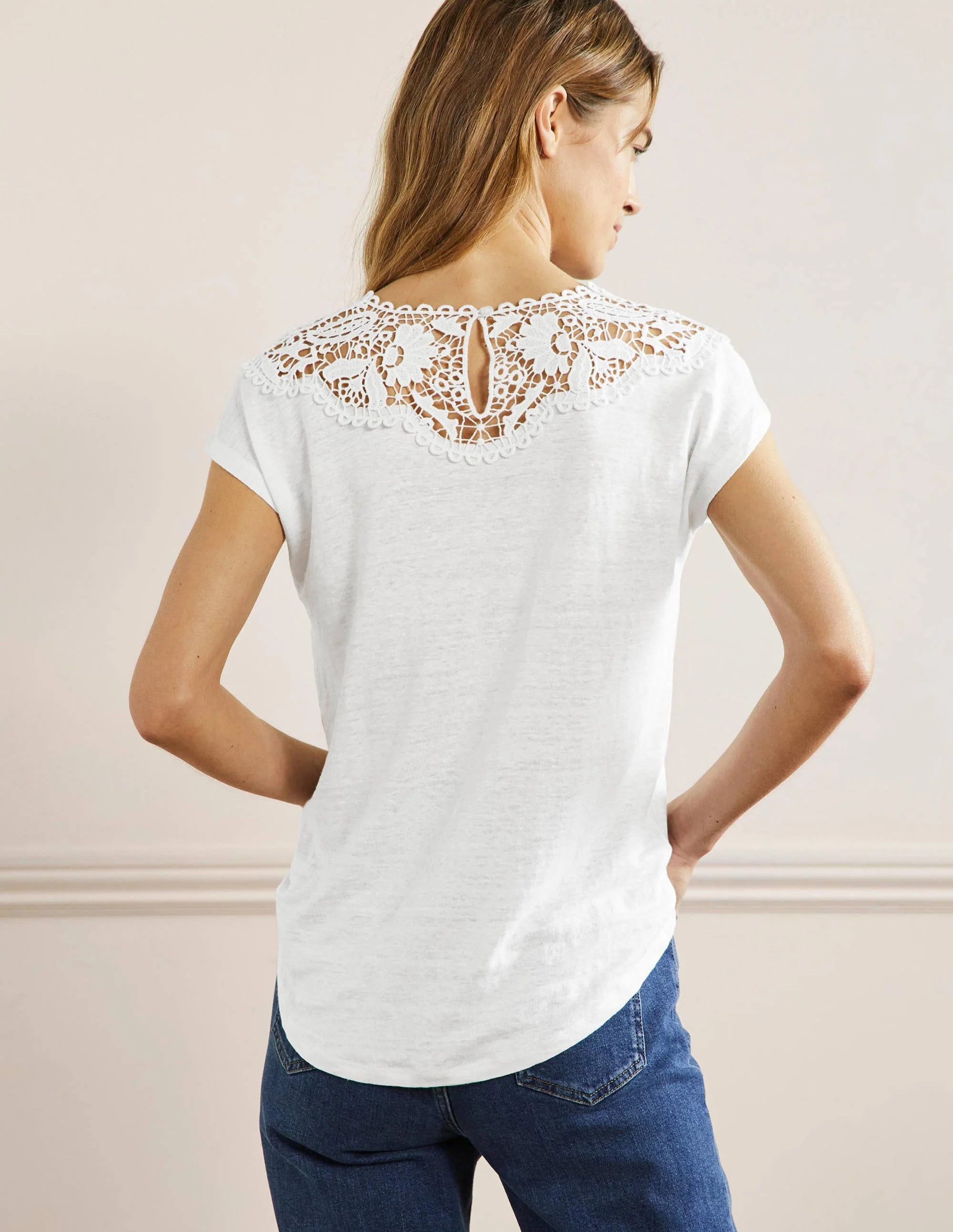 Leinen-T-Shirt mit Lochspitze-Weiß - Image 3